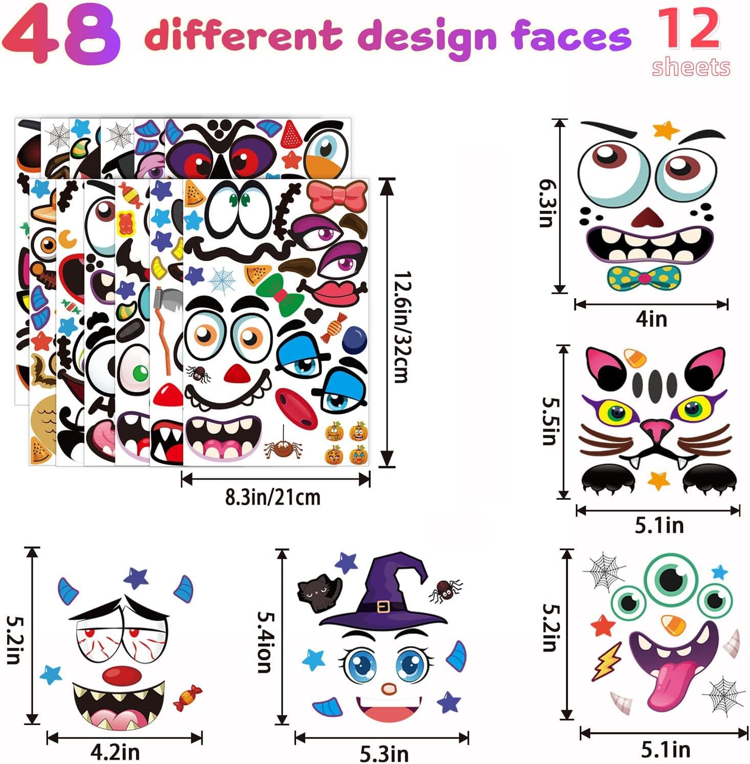 32 Autocollants Visage Citrouille Halloween KINBOM - Multicolores, Pour Décorer Citrouilles, Fenêtres, Bricolage
