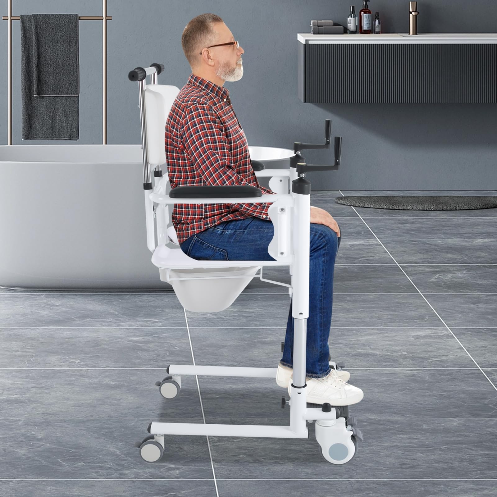 Silla elevadora de pacientes con altura regulable manualmente, asiento dividido de 180°, silla de ruedas multifunción con frenos, hasta 120 kg, para personas mayores, discapacitados, cuidado en casa