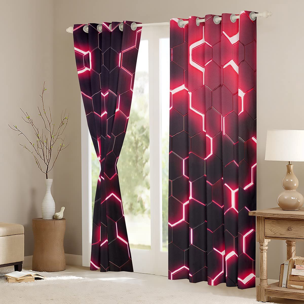 3D Honeycomb Curtains for Bedroom Hexagon Window Treatment Glitter Window Drapes Red Window Draperies for Kids Boys Girls Adults W46*L54 - Image 3