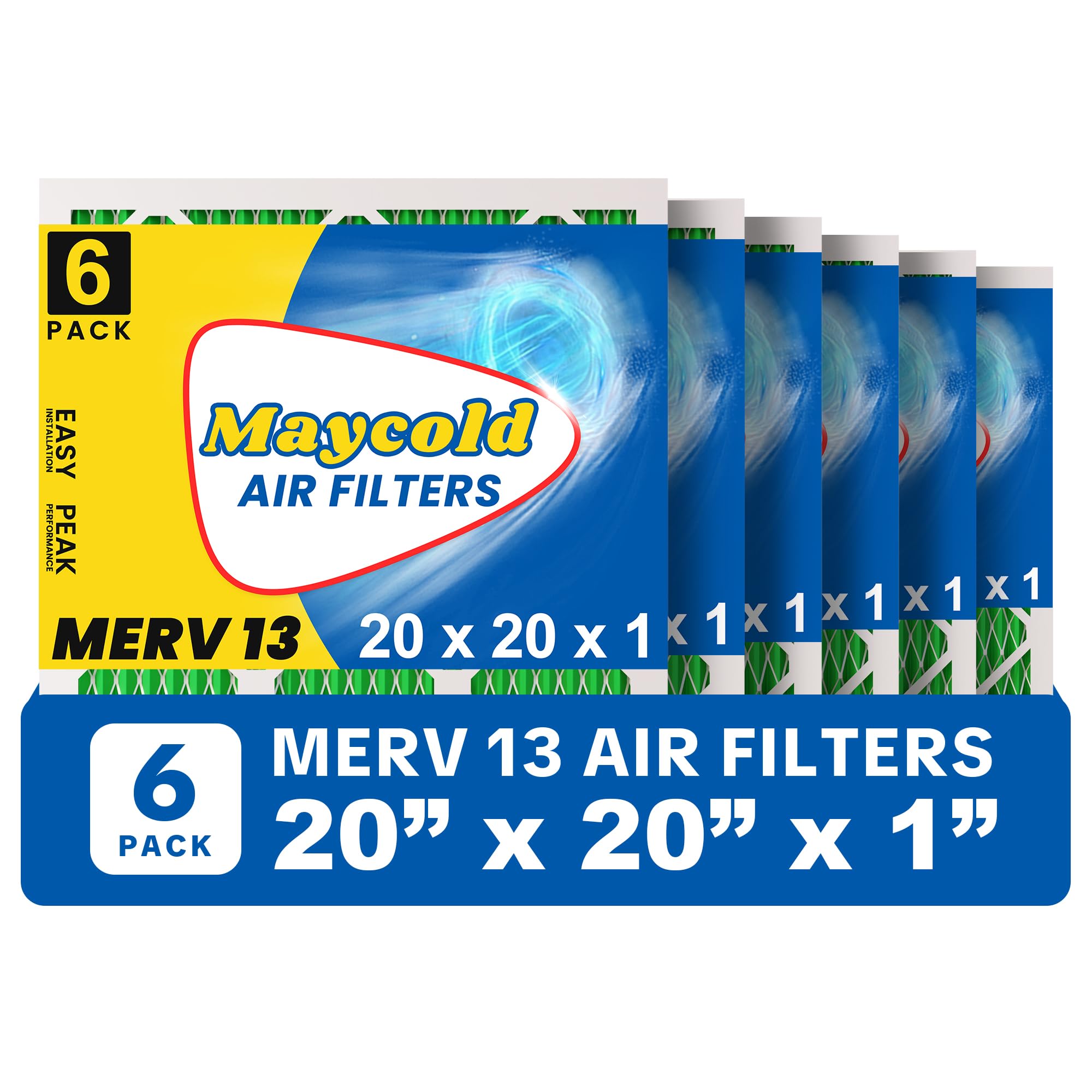 Maycold 20x20x1 Pleated Air Filter MERV 13 (6-Pack) | Superior High-Efficiency Replacement Filters for AC & Furnace Units | Actual Size: 19.70" x 19.70" x 0.75"
