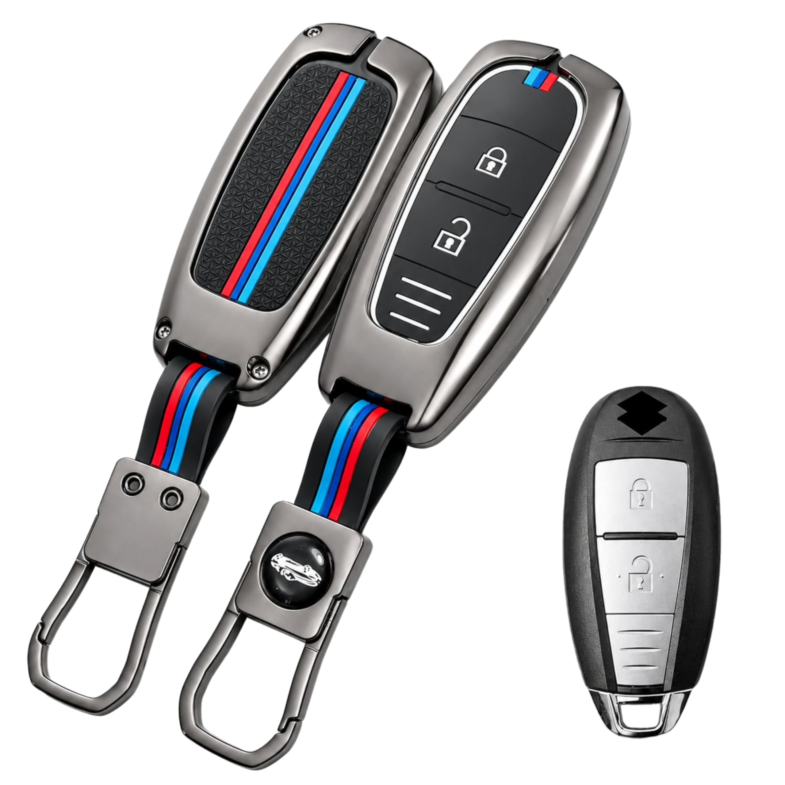 Premium Zinc Alloy Key Cover with Keychain for Maruti Suzuki 2-Button Smart Key, Compatible with Baleno, Ciaz, Ignis, S-Cross, Vitara Brezza (Metal grey Black)-image-2