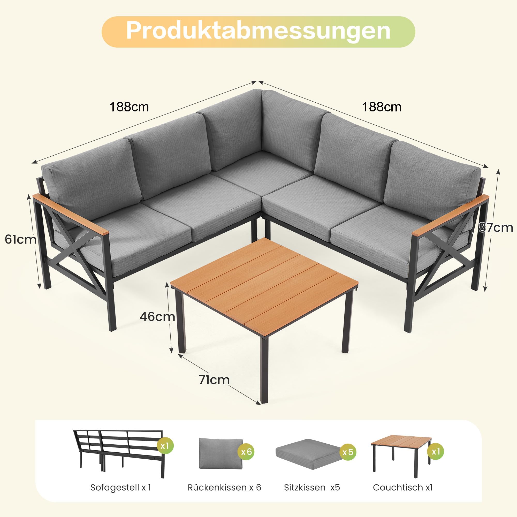 Metal Gartenmöbel Set,6-Teiliges,L-Form Outdoor Sofa mit Couchtisch und 10cm Olefin-Schaumstoffkissen,Wetterfest Lounge für Garten,Terrasse,Pool,Unterhaltungssets bis 6 Personen,Grau