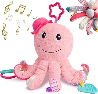 Sumobaby Infant Baby Stuffed Animal Activity Soft Toys, Baby Teething Toys with Multi-Sensory Crinkle, Rattle,Textures and Mirror, for Tummy Time Newborn 0-3-6-12 Months Girls, Octopus, Pink (Musical)