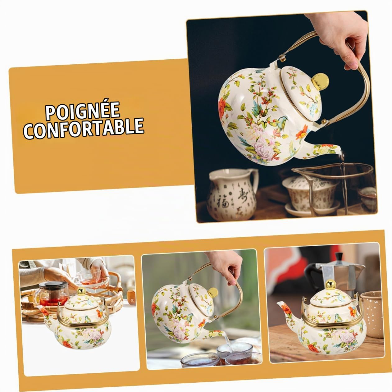 Ciieeo Théière Émaillée 1,5 l Vintage à Motif Floral, Bouilloire En Émail Robuste, Chauffage Rapide, Pour Cuisinière, Usage Domestique Et Voyage