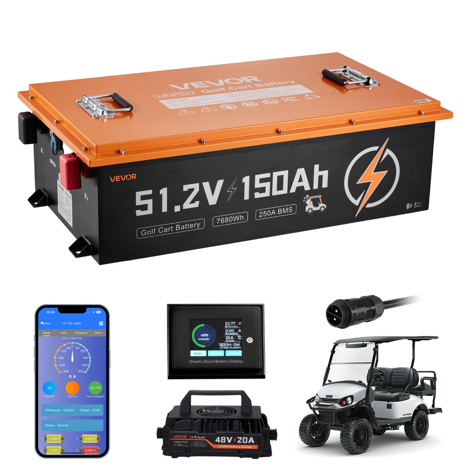 VEVOR 48V 51 2V 150AH Lithium Golf Cart Battery with 20A Charger Lifepo4 Battery Kit Built-in 250A BMS