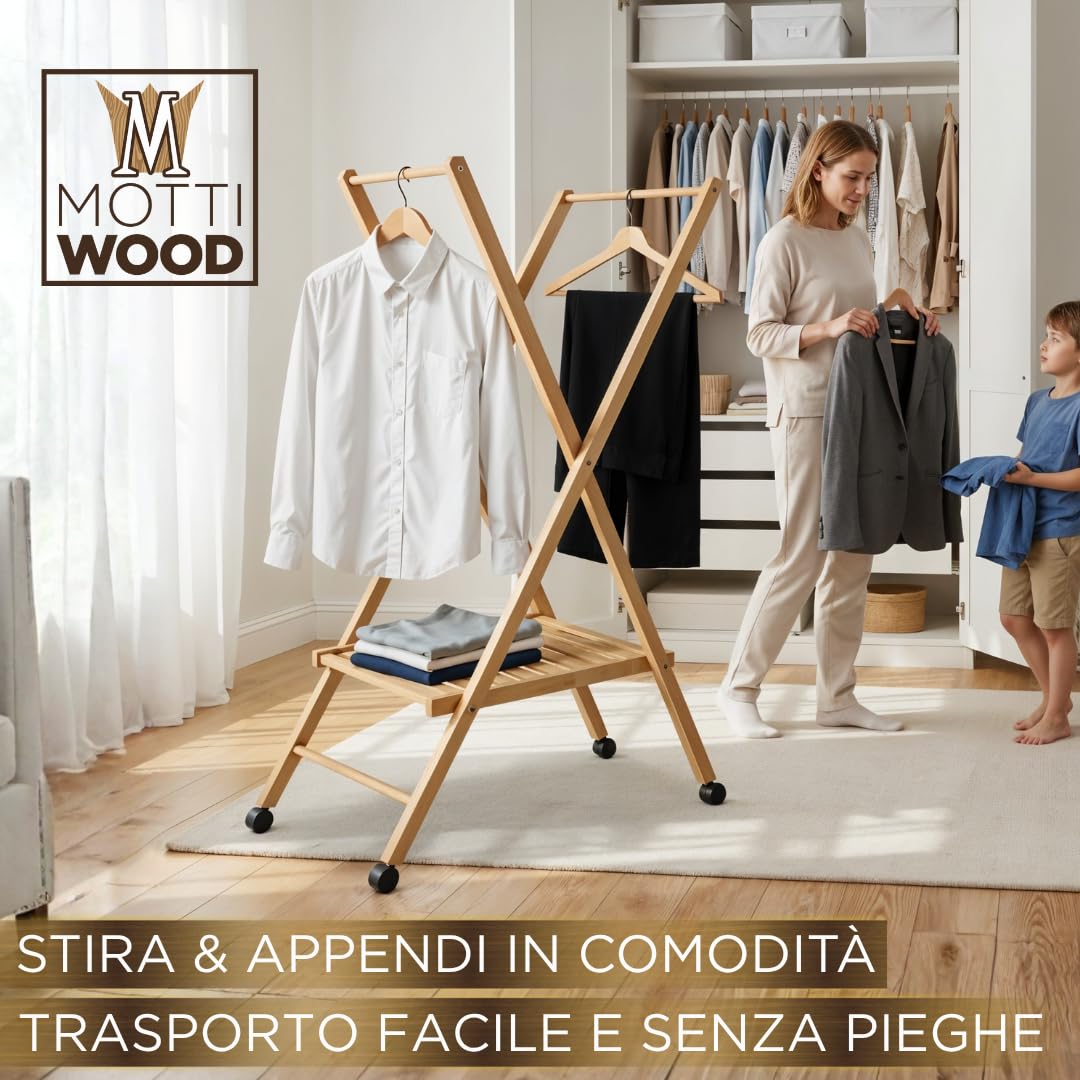 Stira & Perchero, carro perchero plegable y ahorra espacio, 100% madera de haya, ruedas multidireccionales, 62,49 x 122 cm, perchero de hombre, fabricado en Italia