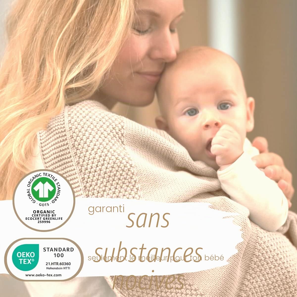 DIKOS® Couverture pour bébé en 100% Coton Bio GOTS | Couverture tricotée Douce pour Nouveau-né avec Bordure pour Fille/garçon Toute l'année | Durable en Coton | Cadeau de Naissance (Beige Naturel)