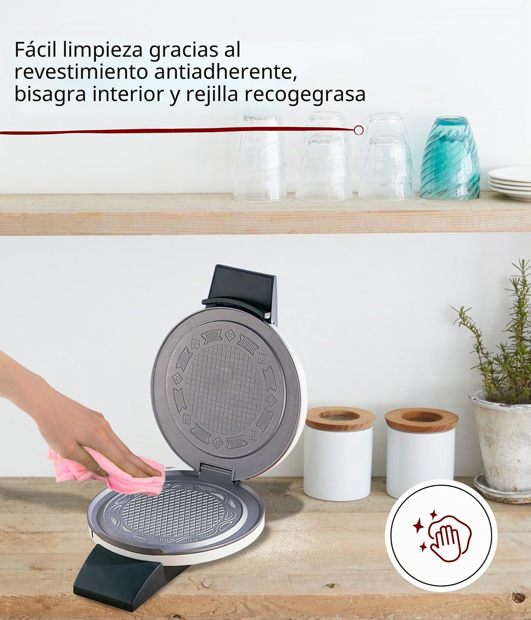 Cloer 261 Gofrera para gofres helados, 800 vatios, Área de horneado 14,5 cm, con revestimiento antiadherente, Grado de dorado variable con la barra perilla, blanco, metal