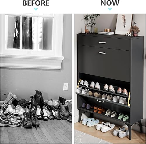 Miniatura 8 de Zapatero delgado con puertas, zapatero de madera con 2 cajones abatibles, moderno armario de almacenamiento de zapatos para entrada, pasillo, sala