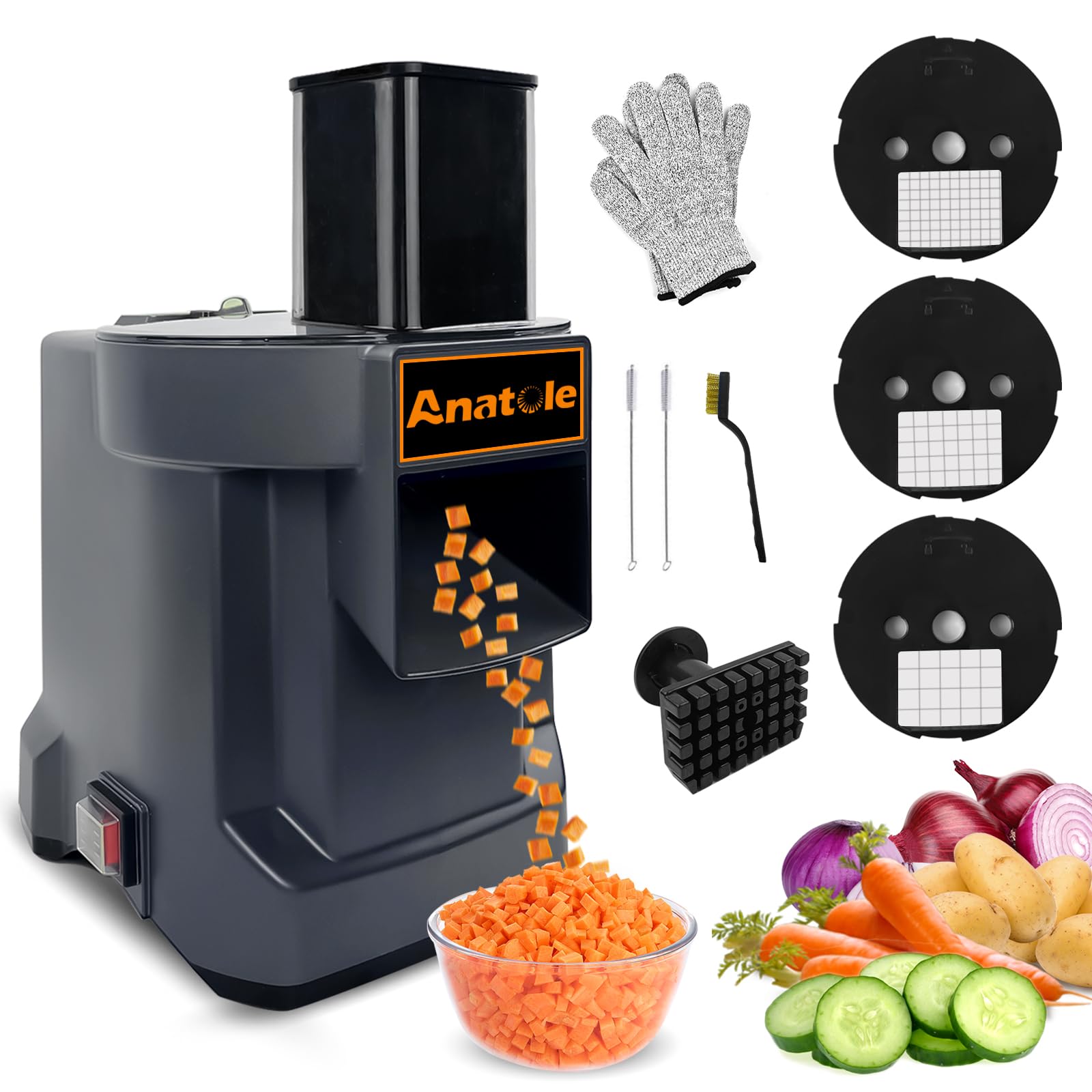 Anatole Cortador de Verduras en Cubos Eléctrico Comercial con 3 Cuchillas | 9mm/ 12mm/ 16mm Cuchillas de Acero Inox, para Patata Zanahoria Pepino Cebolla Fruta, para Restaurante Hotel Hogar, 100W 220V