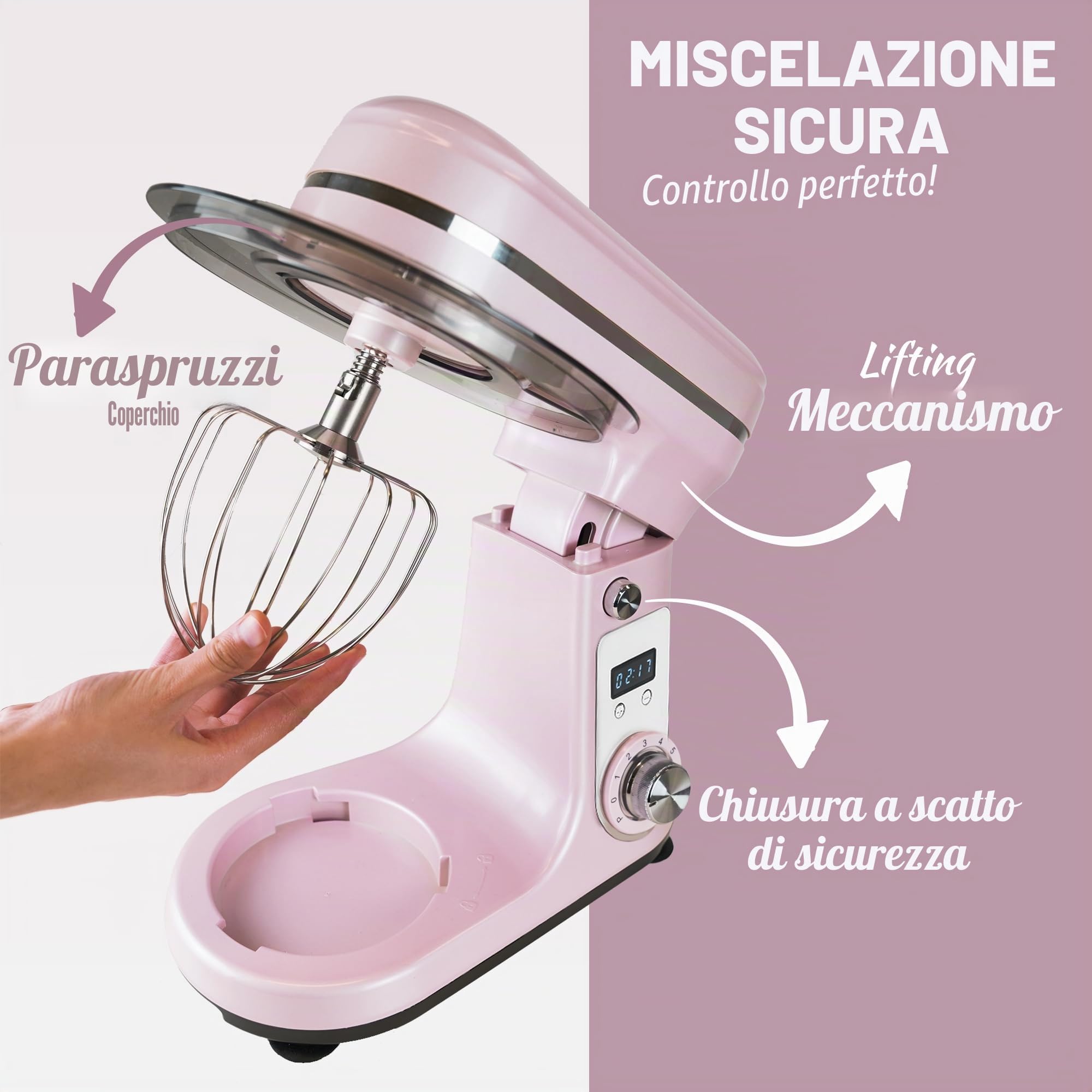 Bestron Robot da cucina Super Silent (65db) 4-1 robot da cucina con motore DC, ciotola da 6 litri, con gancio per impastare, frusta e mazza per impasto, 6 livelli di velocità + funzione impulsi,