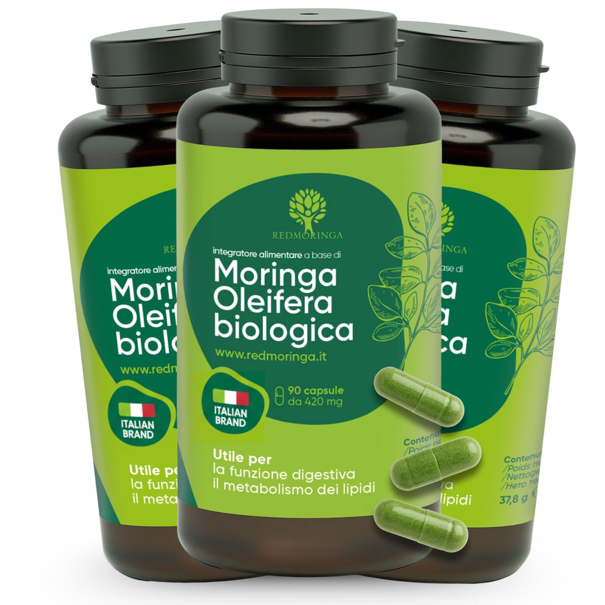 RedMoringa Moringa Oleifera Bio | Moringa Cápsulas Pura 100% Natural | Cápsulas Vegetales | Superalimento para Digestión y Metabolismo de Grasas | 270 Cápsulas Made in Italy