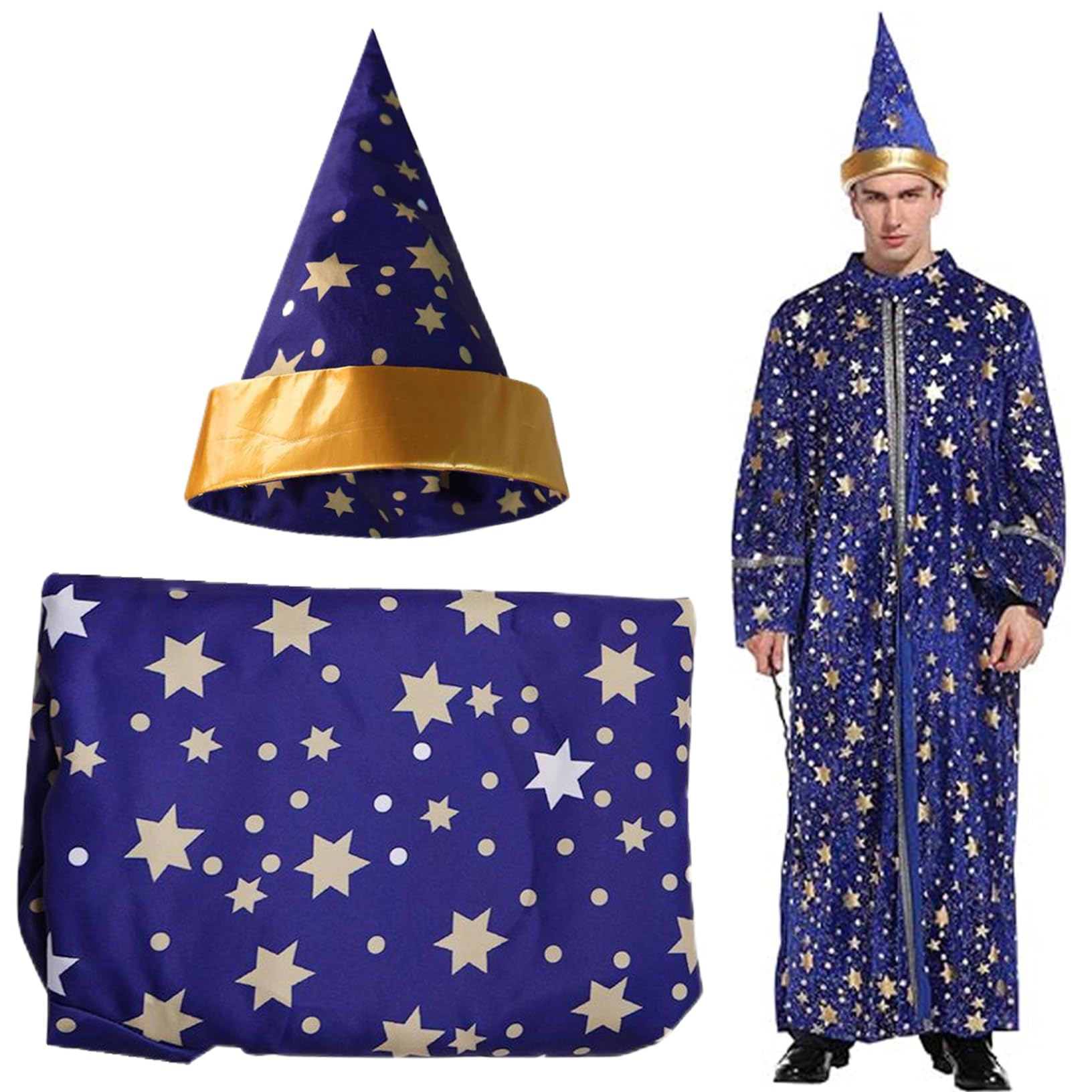 Peosaard Wizard Costume Long Sleeves Blue Wizard Robe and Hat Polyester Star Pattern Cloak Adults Robe for Halloween Party, Cosplay(XL), Costume Men