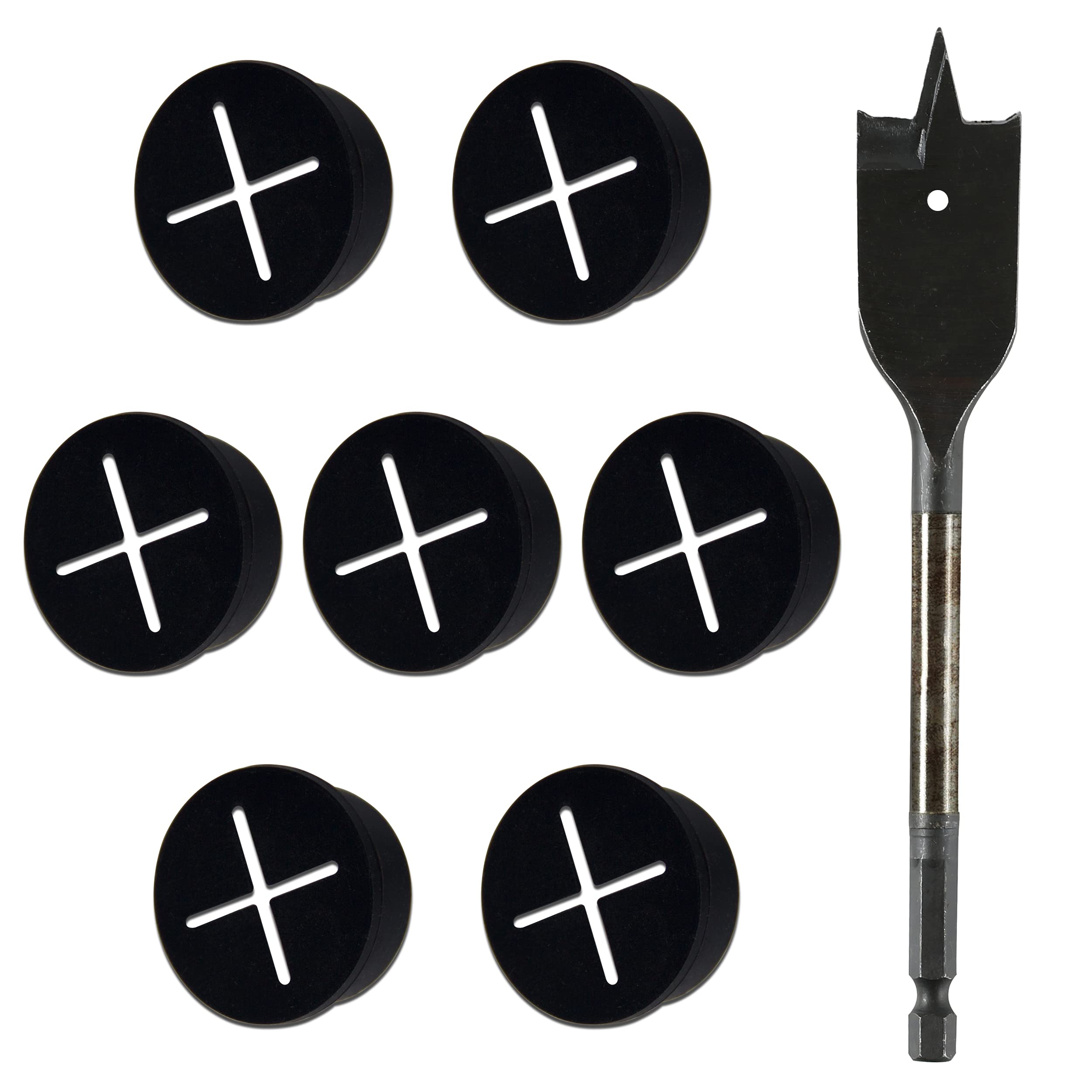 ISPINNER 8 Pack 1 Inch Silicone Desk Cord Grommet with Spade Drill Bit, Flexible Wire Cable Hole Cover for Office PC Desk Cord Organizer (Black)