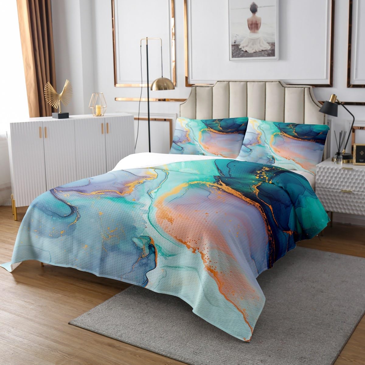 Castle Fairy Green Marble Bedspread King Size,Emerald Gem Style Marbling Coverlet Set for Children Adult,Luxury Golden Ripple Bedding Set with 2 Pillowcaes, Polyester Quilted