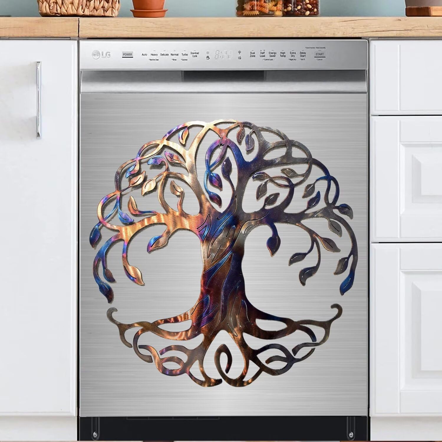 Colorful Metal Tree of Life Dishwasher Magnet Cover for The Front, Black Brushed Stainless Steel Refrigerator Stickers Magnets Full Door Cover, 23" W x 26" H Vinyl Decal for Dishwasher (Magnetic)
