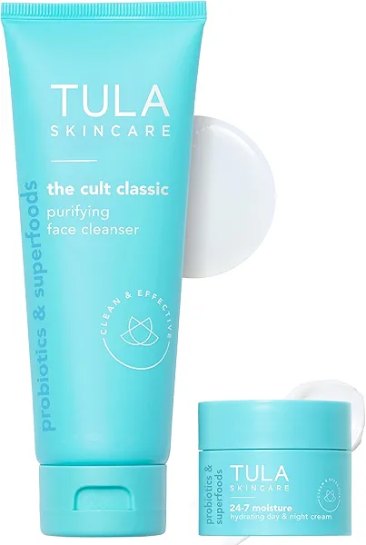TULA Skin Care Cult Classic Purifying Face Cleanser Supersize 6.7 oz + 24-7 Moisture Hydrating Day and Night Cream Travel-Size, 0.5 oz.