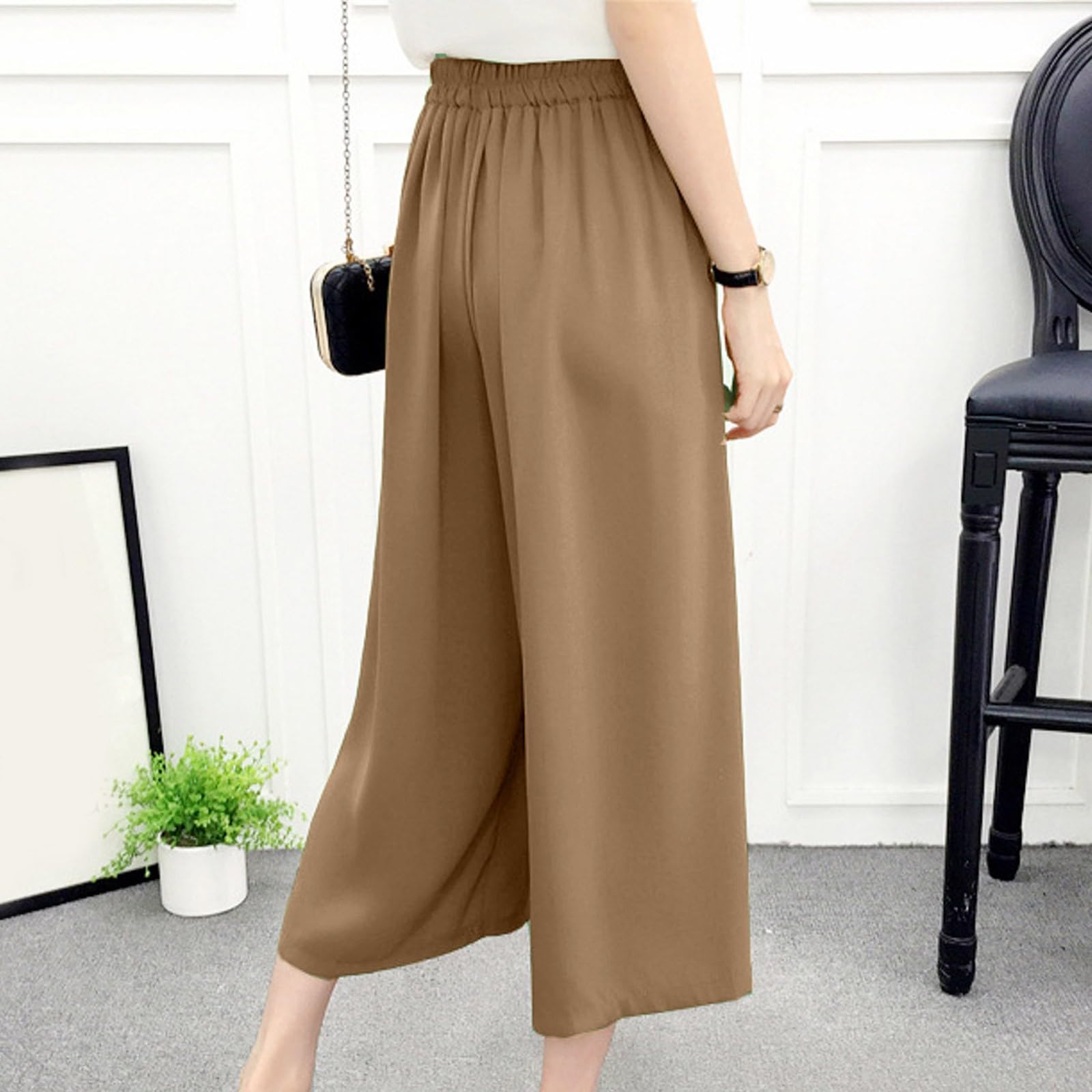 Weite Hose Damen 3/4 Sommerhose Damen Leicht Caprihose Damen Sommer Weite Bein Hosen High Waist Capri Stoffhose mit Gummizug Locker Dreiviertel Freizeithose Culotte Arbeitshose