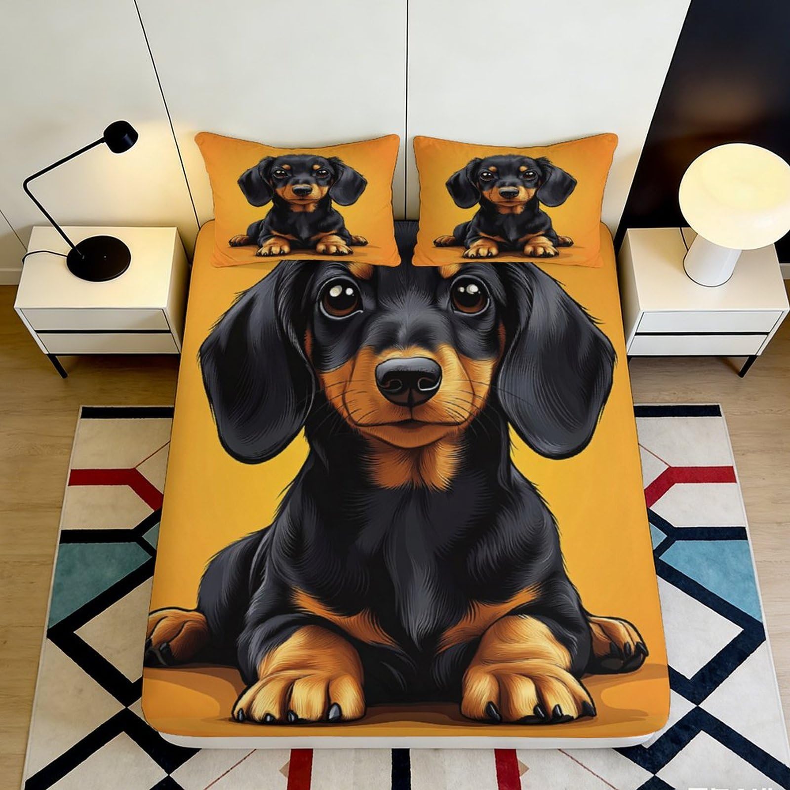 3D Printed Dachshund Dog Fitted Sheet Microfiber Orange Bed Cover for Bedroom Guest Room Mattress Protection Decor 90x200x25cm
