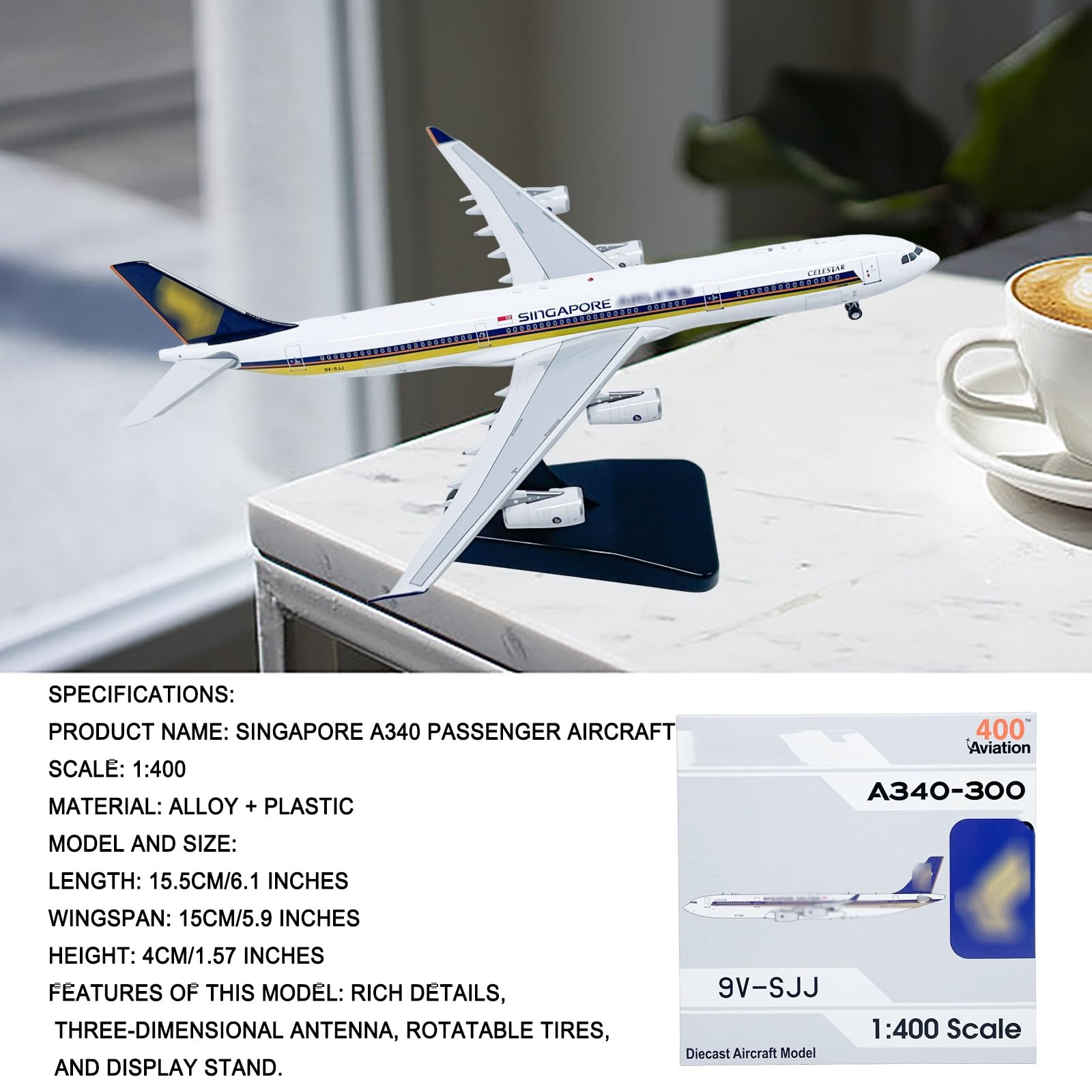 Modello pressofuso Singapore A340-300 in scala 1:400 9V-SJJ Aereo Display lega metallica premium for vetrina scrivania Regalo perfetto for gli appassionati aviazione Collezionisti Piloti