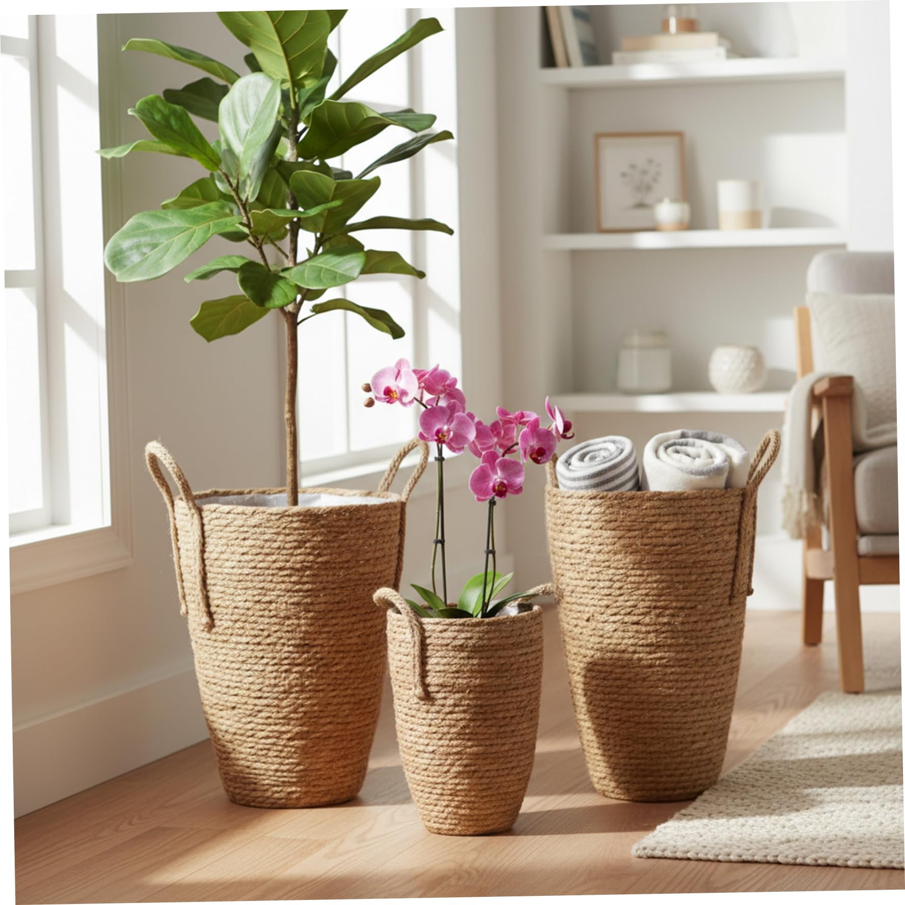 Lot de 3 Pots de Fleurs en rotin, 3 Tailles, Panier à Plantes tissé en jonc mer avec Doublure imperméable, paniers à Plantes d'intérieur avec poignée pour Balcon, décoration la Maison