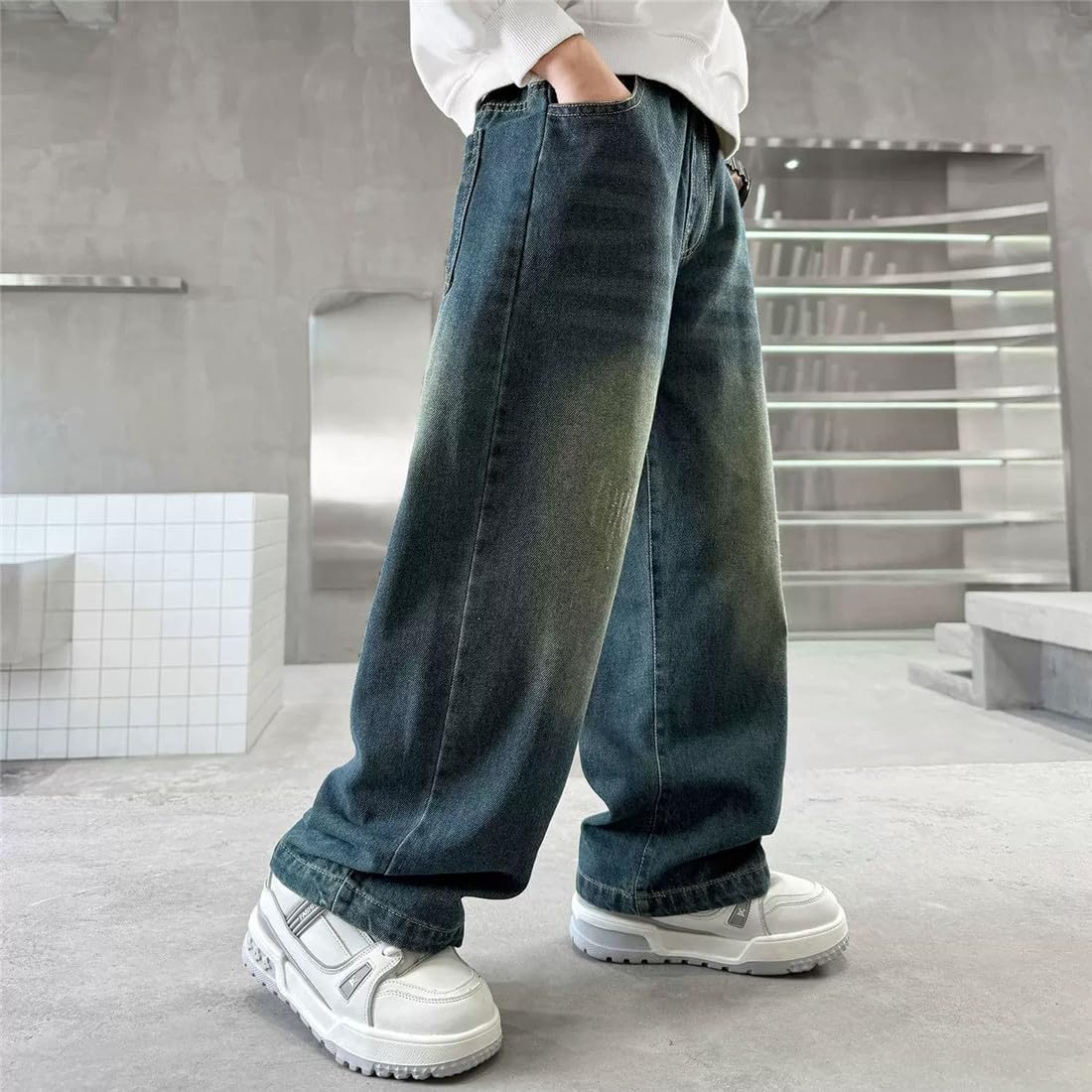 Boys Jeans Baggy Straight Wide Leg Trousers Elastic Waist Cargo Denim Pants