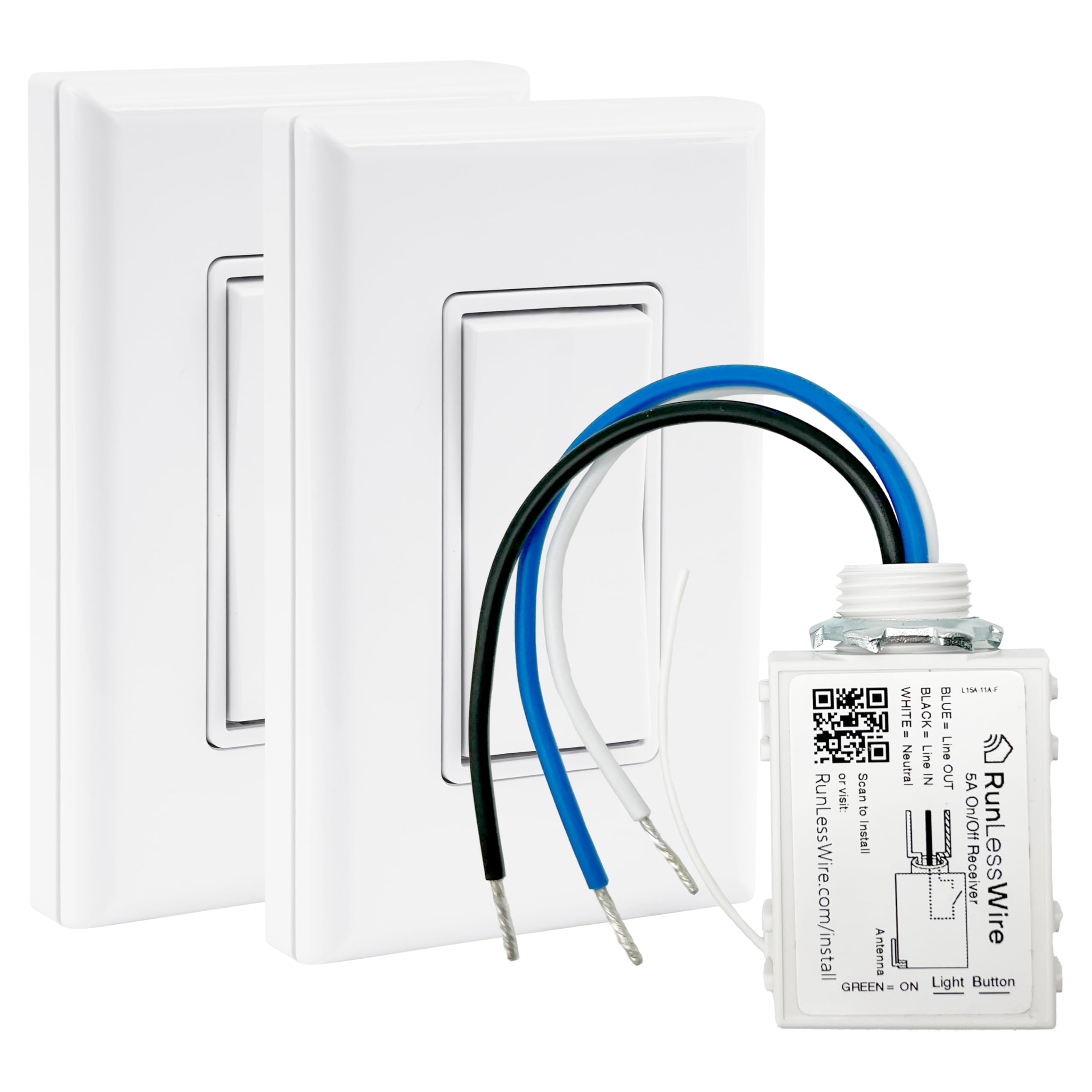 RunLessWire Self-Powered (NO Batteries) Wireless Light Switch & Receiver Kit No WiFi Needed DIY, Remote 150+ft RF Range - 3 Way Simple: 1 Receiver, 2 Switches - White