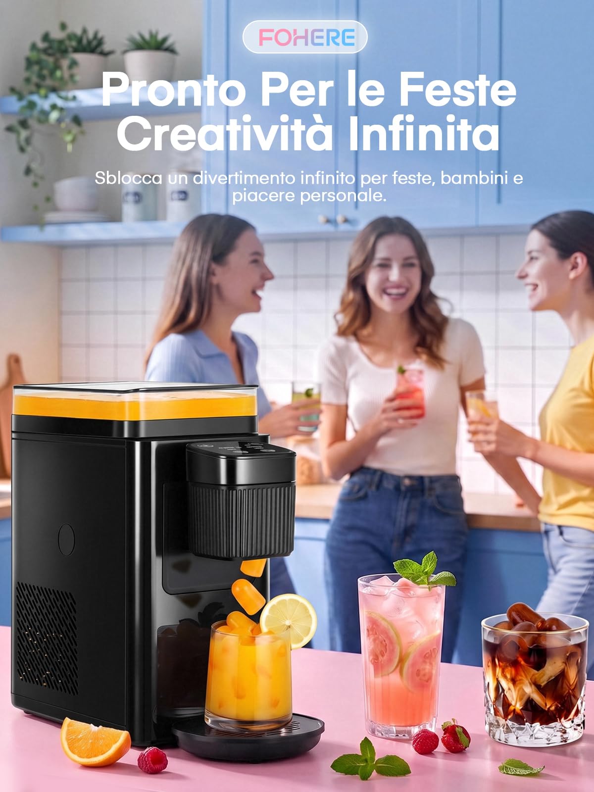 FOHERE Macchina del Ghiaccio Portatile 11kg/24h, Per Congelare Varie Bevande, 5 Minuti 5 Cubetti, 2 Dimensioni di Ghiaccio, con Casa/Cucina/Ufficio/Feste