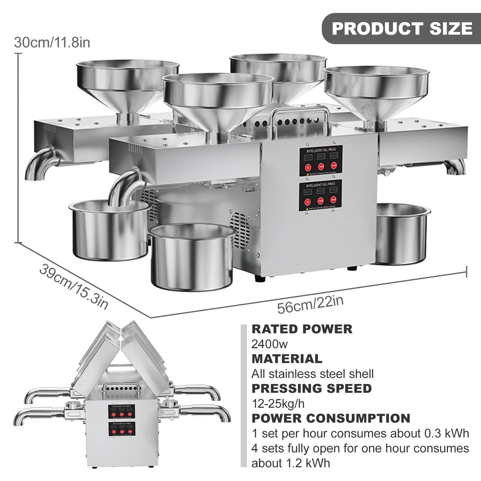 Komercyjna prasa do oleju – 2400 W ekstraktor na gorąco/zimno ze stali nierdzewnej do nasion i oliwek, pojemność 12-25 kg/h przy stałej temperaturze 210°C