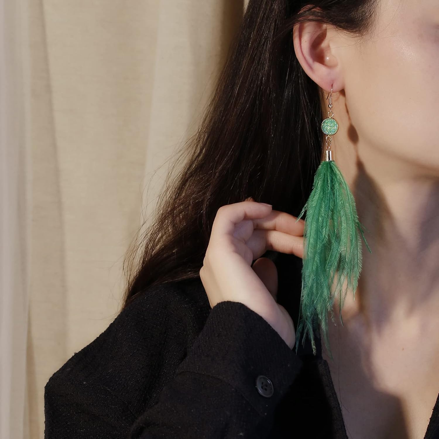 Long Feather Earrings for Women, Bohemian Elegant Delicate Faux Druzy Charms Dangle Earrings - Image 2