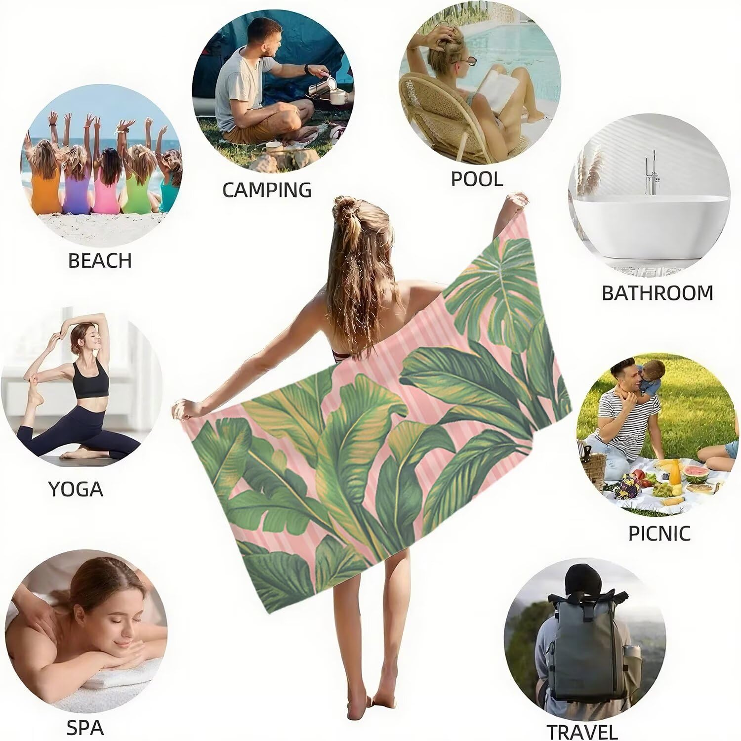 Mikrofaser Strandtuch Große 150x200, Saugfahig und Schnelltrocknendes Badetuch Praktisch und Leicht Sandfrei Badetuch Damen, Herren Reise Strandtuch Ideal für Strand, Reise, Schwimmen (Rosa Blatt) E-7