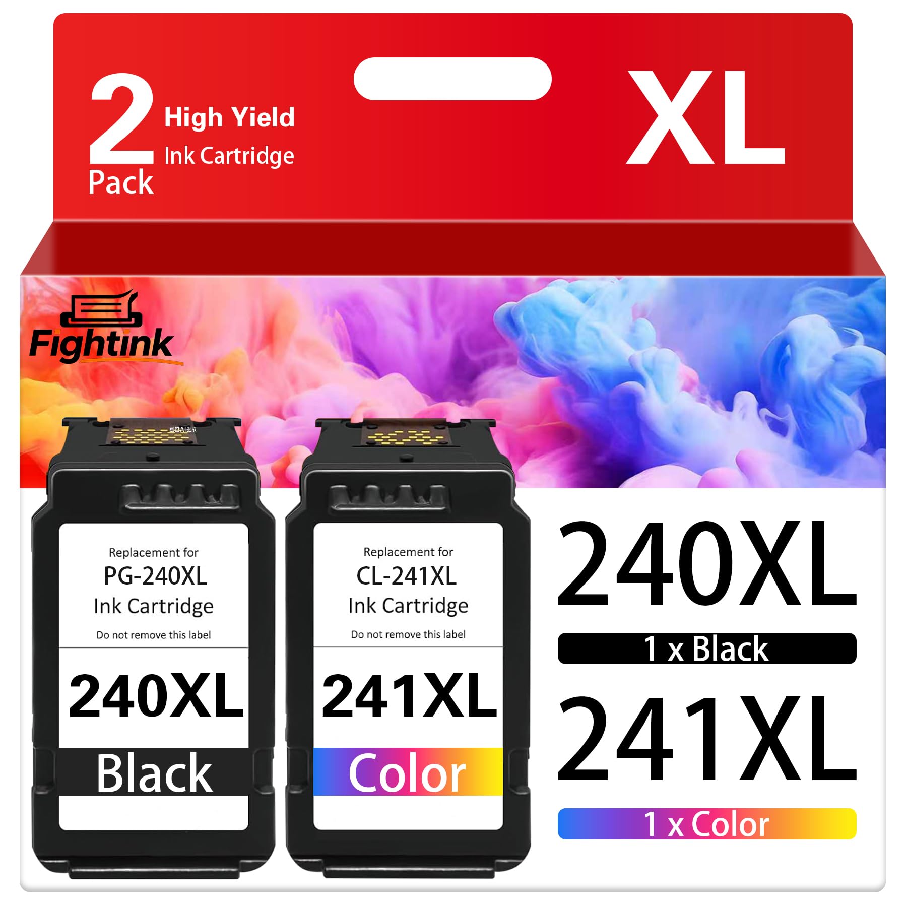 Fightink PG-240 XL/CL-241 XL Black Color Ink Cartridges Compatible for Canon 240XL 241XL Combo Pack PG240 CL241 Fit for PIXMA MG3620 MG3600 TS5120 MG3520 MG2120 MX452 MX512 MX532 MX472 Printer(2 Pack)