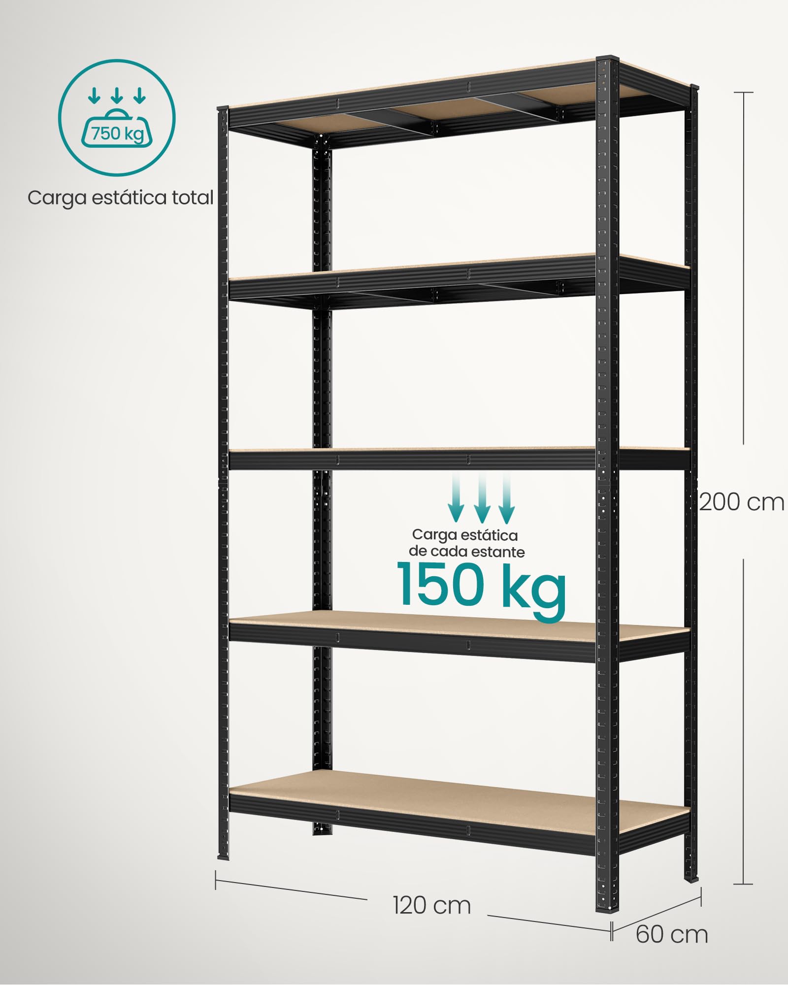 SONGMICS Estantería Pesada de 5 Niveles, Estantería de Acero, Montaje Rápido, Garaje, Almacén, Trastero, Carga de 750 kg, 60 x 120 x 200 cm, Negro GLR060B01