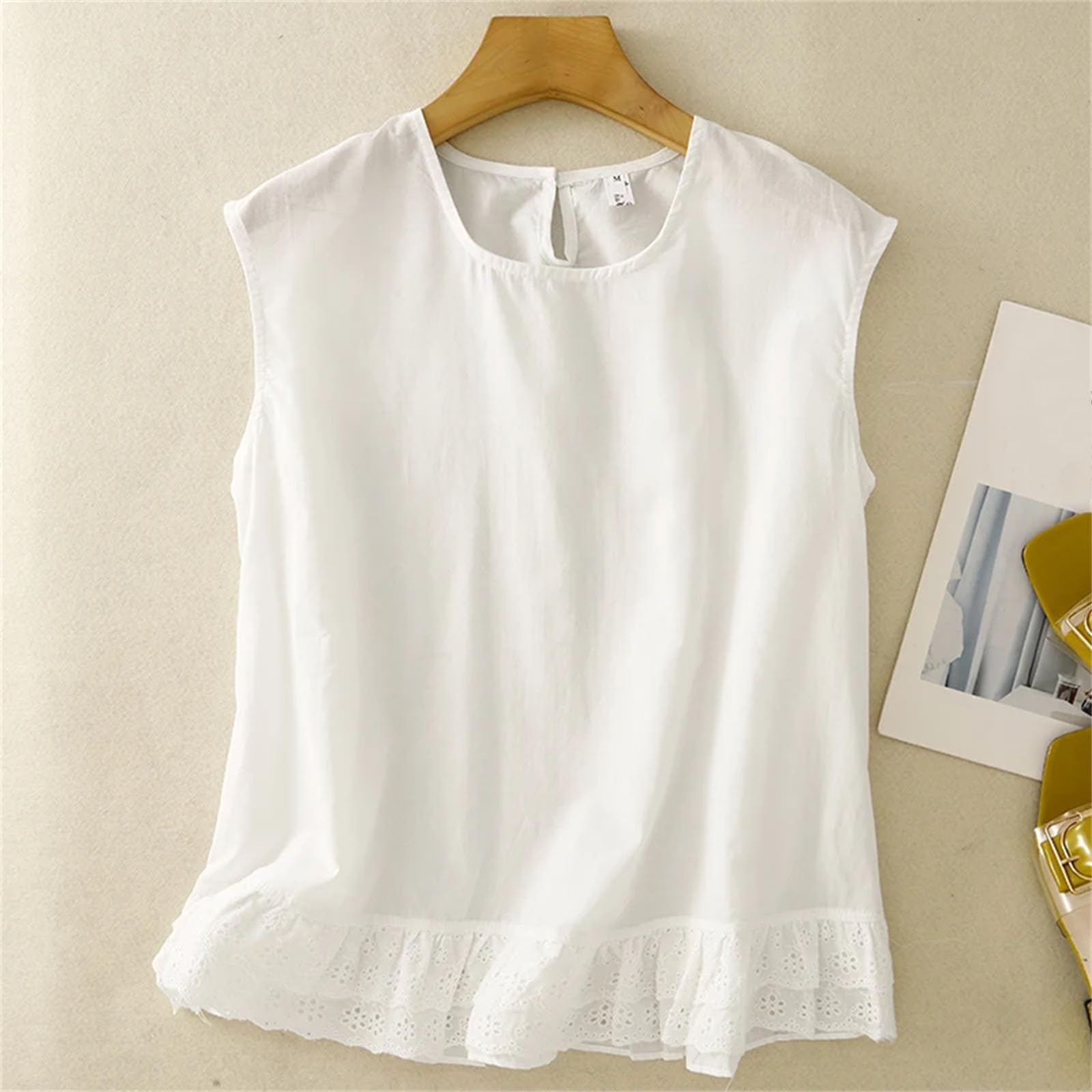 playera sin mangas de algodón y lino para mujer, con dobladillo con volantes, básica, sin mangas, fina y blanca, color negro