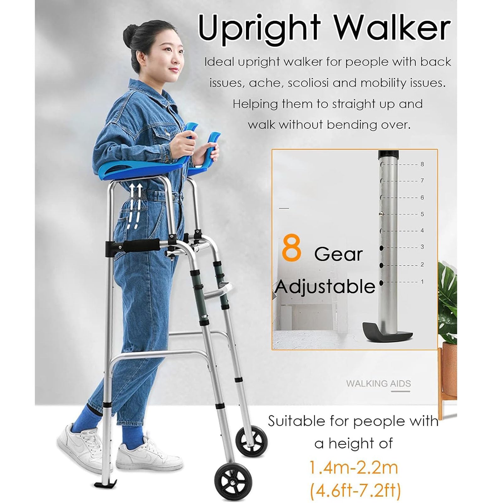 Andador Plegable con Reposabrazos Extraíbles, Andador Vertical para Ancianos De Aluminio Plegable, Soporte para Antebrazo/Adultos, Altura Ajustable Regulable En Altura, Ruedas Sólidas