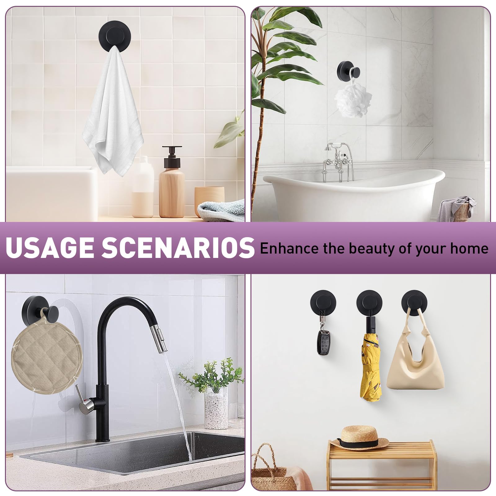 Luxoraiovav 2 Ganci a Ventosa in Acciaio Inox, Rimovibile Senza Foratura, Gancio a Ventosa Bagno, Gancio per Accappatoio Asciugamani, per Cucina, Bagno, Finestra Liscia, Vetro, Ufficio (Nero)