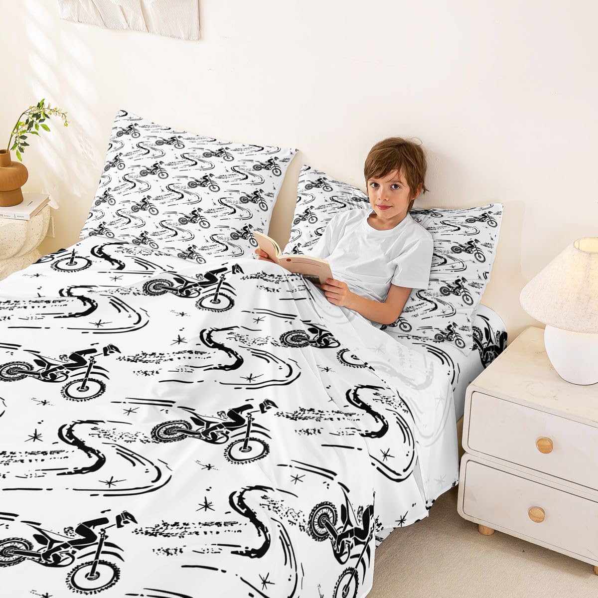 Loussiesd Zestaw pościeli do roweru Dirt Bike, podwójny rozmiar, sporty ekstremalne, chłopcy, głęboka kieszeń, prześcieradło z gumką, zestawy pościeli, zestaw miękkich łóżek, 4 szt. z 2 poszewkami na