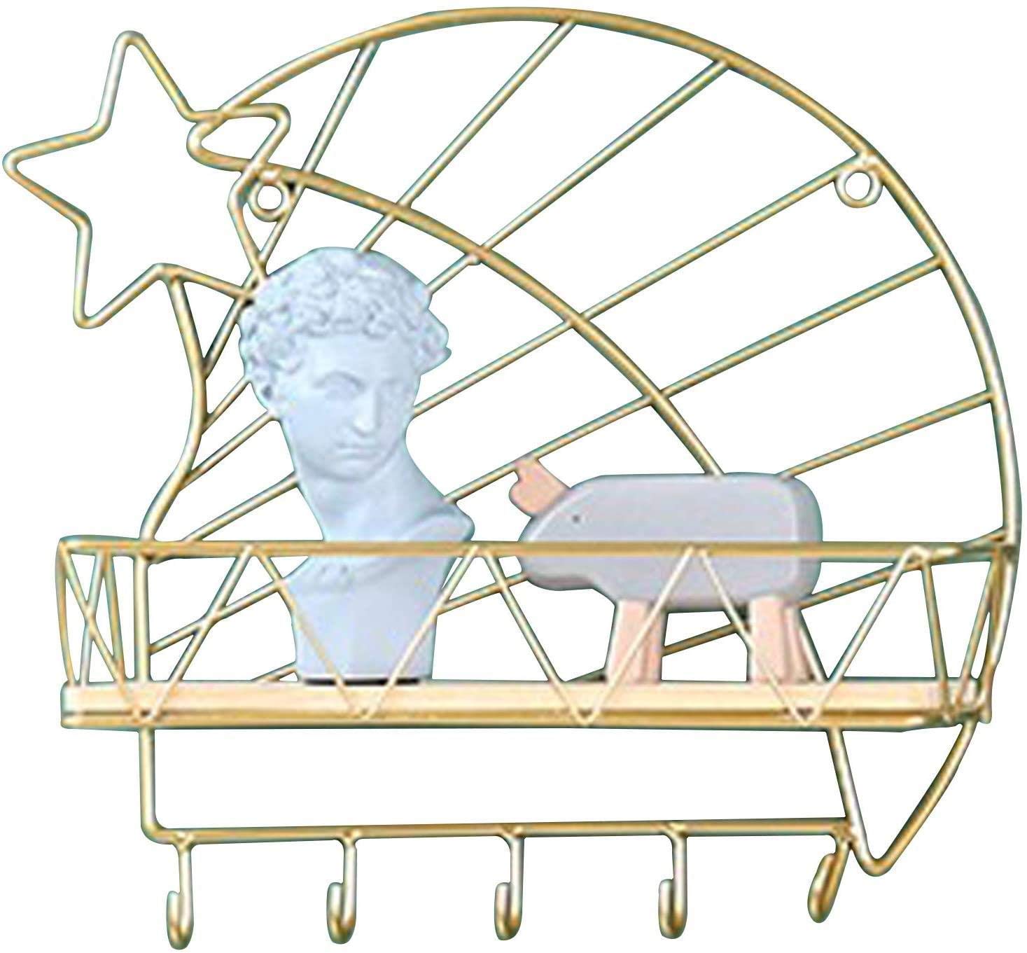 GUOXIANG Key Hook Gold Key Rack Metal Key Holder Wall Letter Tray with Shelf and Hook Storage Basket for Letters Notes Keys B