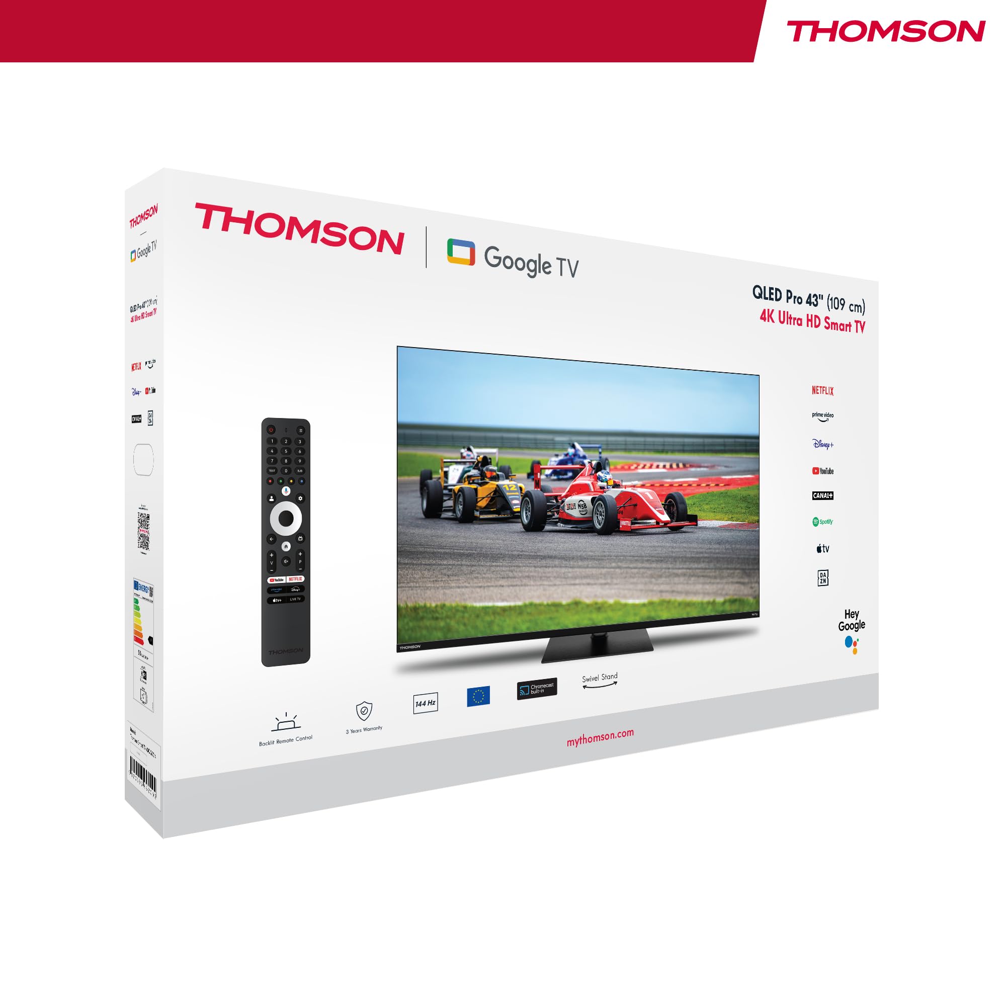 THOMSON 43 Cali (109cm) QLED Pro 144Hz Google Smart TV, Wi-Fi, Dolby Audio, HDR10, Bluetooth 5.1, Triple-Tuner (Kabel/Satelita/Antena), HDMI, CI+, A+ Płyta - 43QG7C14