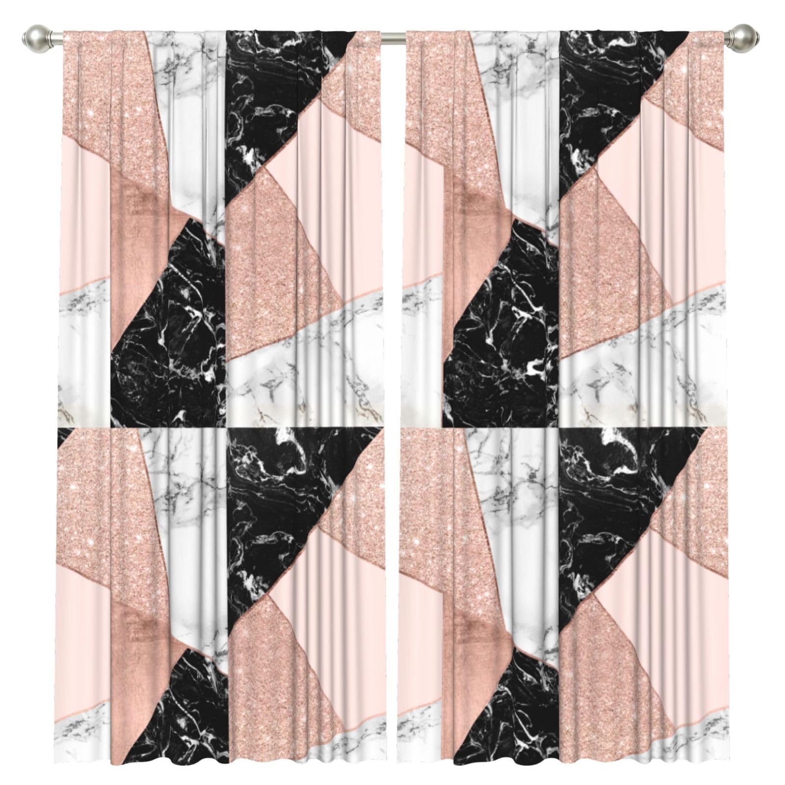 InOmak Rose Gold Glitter Black White Marble Geometric, 2 Panels Window Curtains 52 x 84 Inch Blackout Curtains for Living Room Bedroom