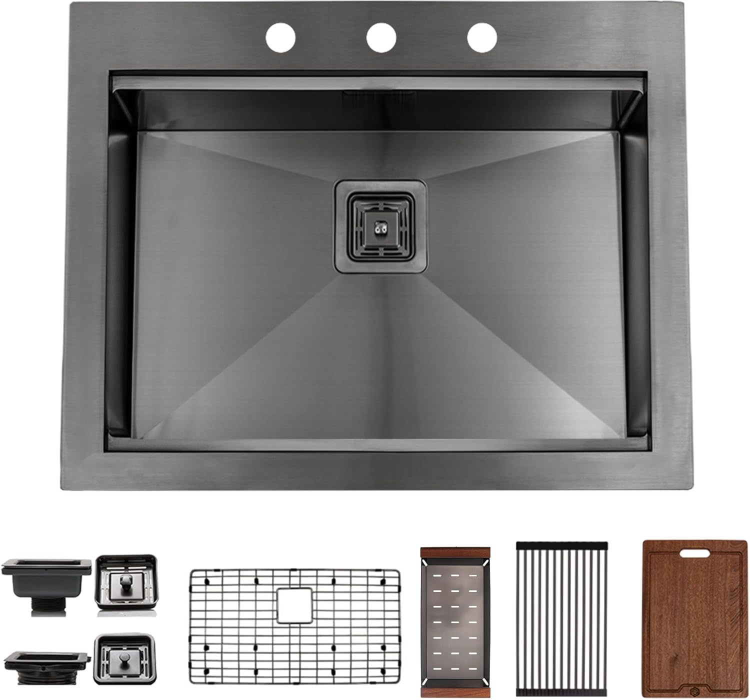 Strictly Sinks 25” Topmount Kitchen Sink Workstation - Black 16 Gauge Stainless Steel Drop In Kitchen Sink with Colander, Dish Drying Rack, Cutting Board, Grid, 1 Disposal Adapter, & 1 Strainer Drain