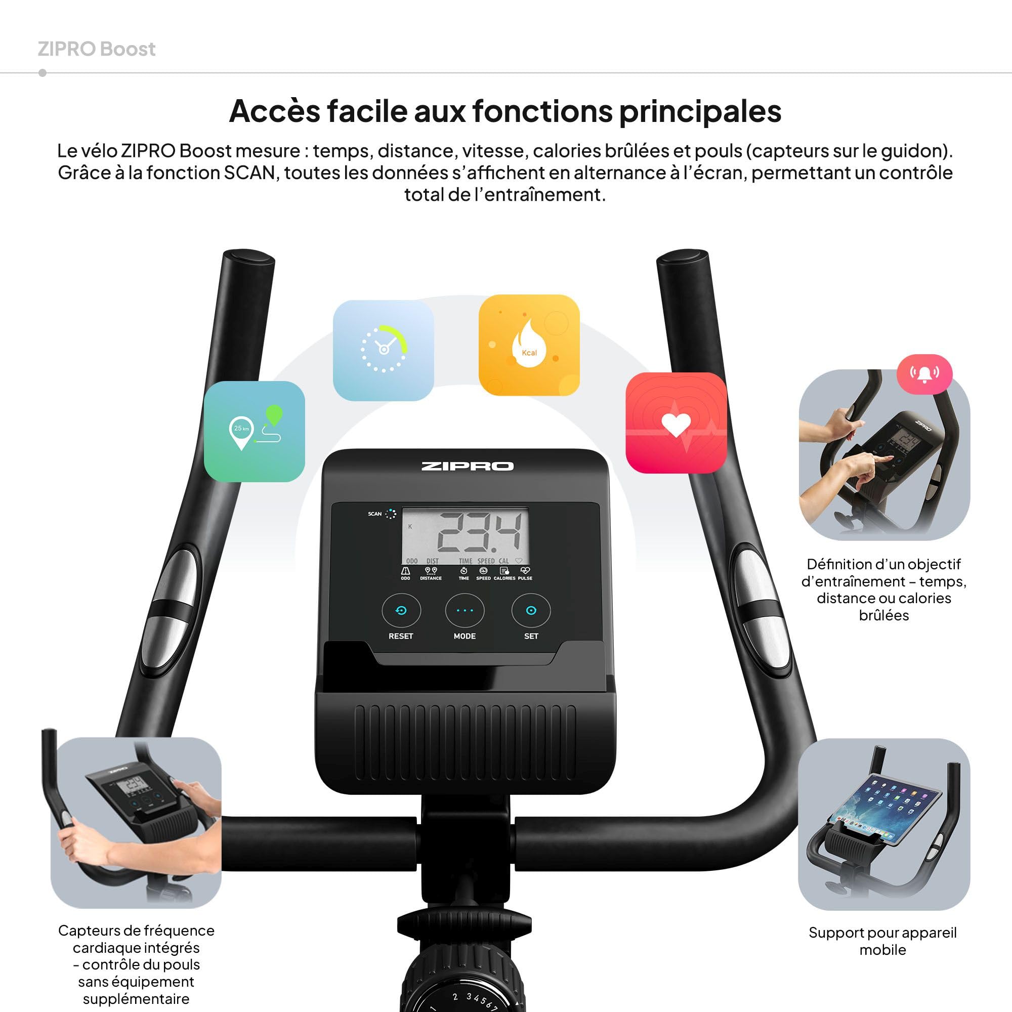 Zipro Vélo d'appartement Boost, Ergomètre Fitness, Vélo d'appartement magnétique, Ergomètre jusqu'à 120 kg, Vélo d'intérieur, Vélo d'entraînement à domicile, Ergomètre à piles