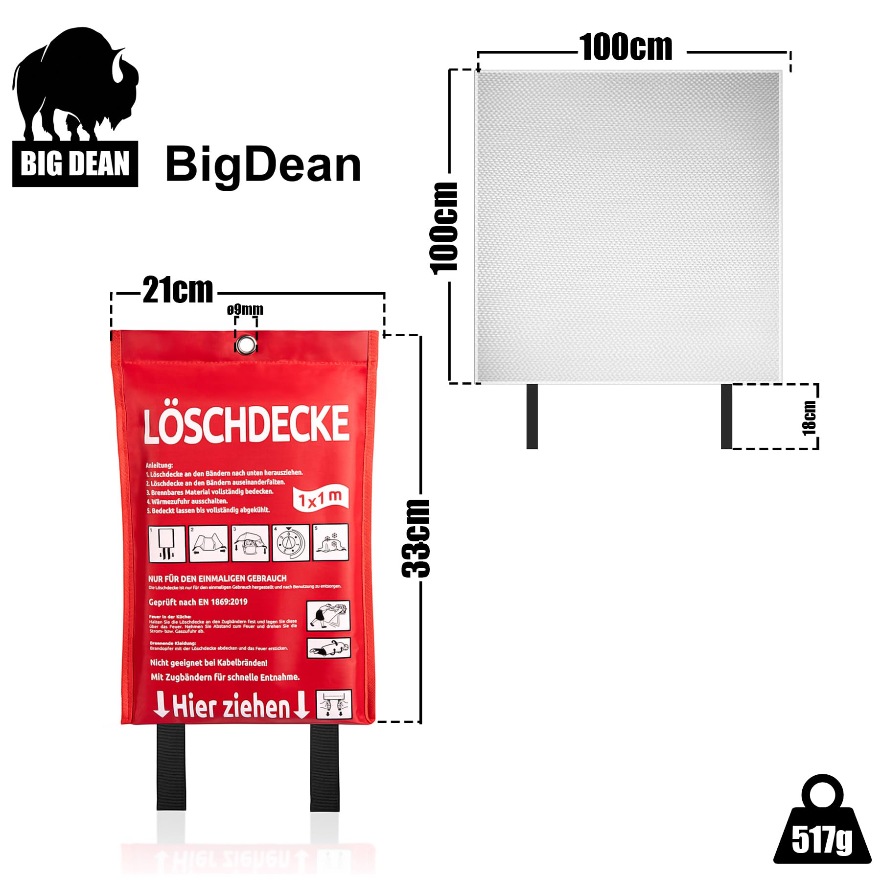 BigDean 2 Stück Löschdecke Küche für Fettbrand sofort einsetzbare XL Feuerlöschdecke DIN EN 1869:2019 geprüft – Feuerdecke auch für Grill, Auto und Camping geeignet