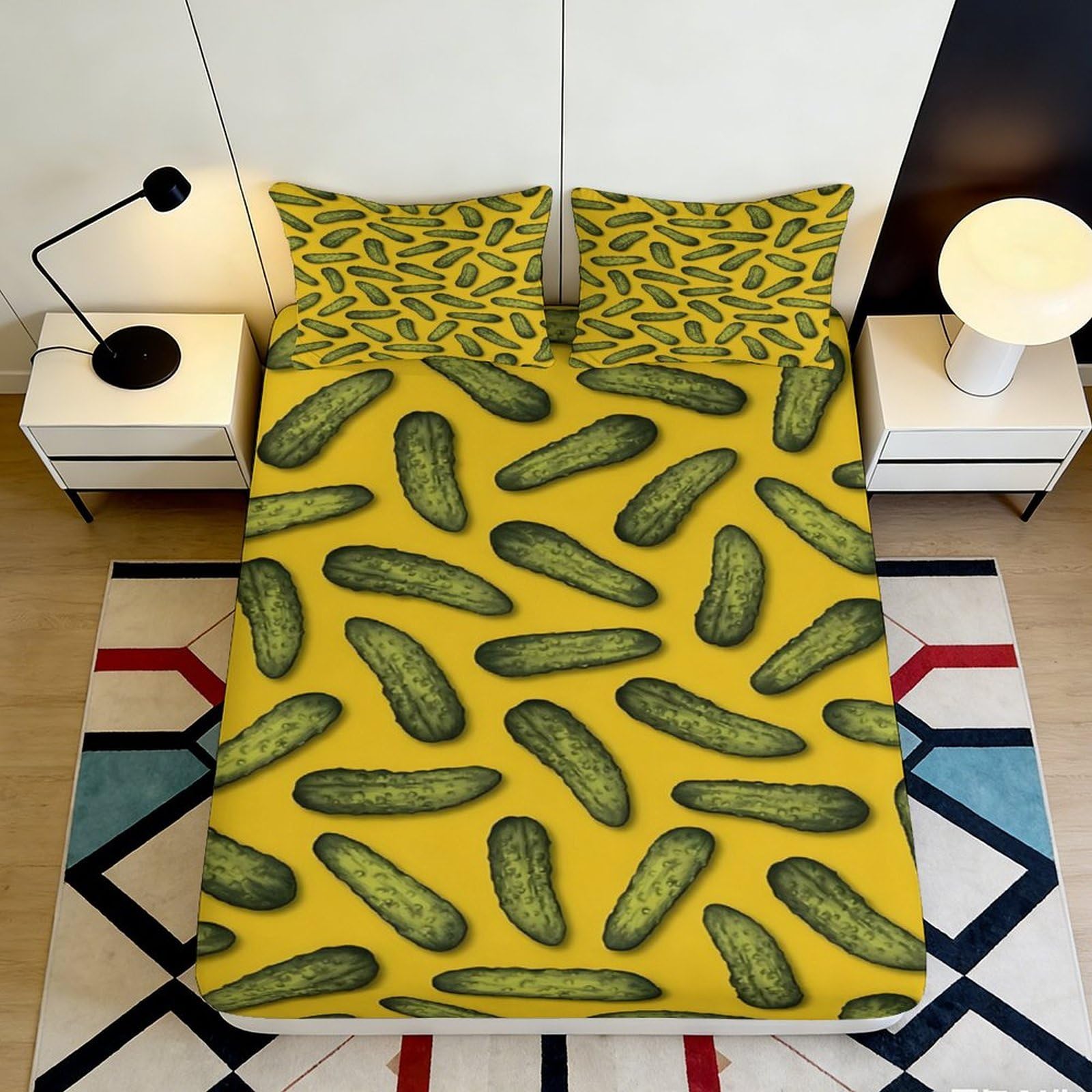 3D Printed Pickle Pattern Fitted Sheet Microfiber Yellow Green Cucumber Bed Cover for Bedroom Guest Room Dorm Mattress Protection Decor 90x200x25cm