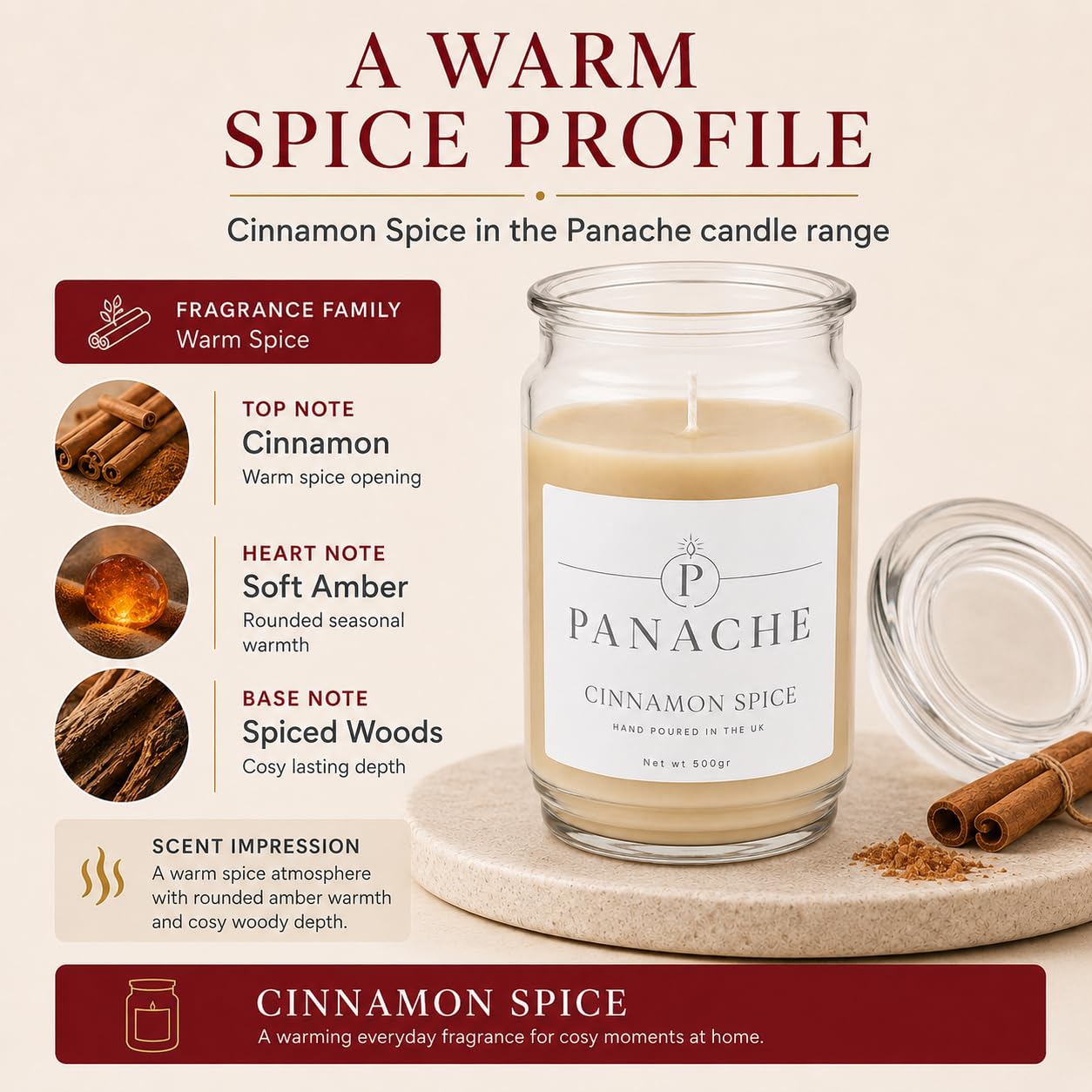 Panache Candela profumata alla cannella e spezie, barattolo di cera di soia da 500 g, combustione 60 ore, profumo classico speziato, ottimo regalo per donne, relax e decorazione