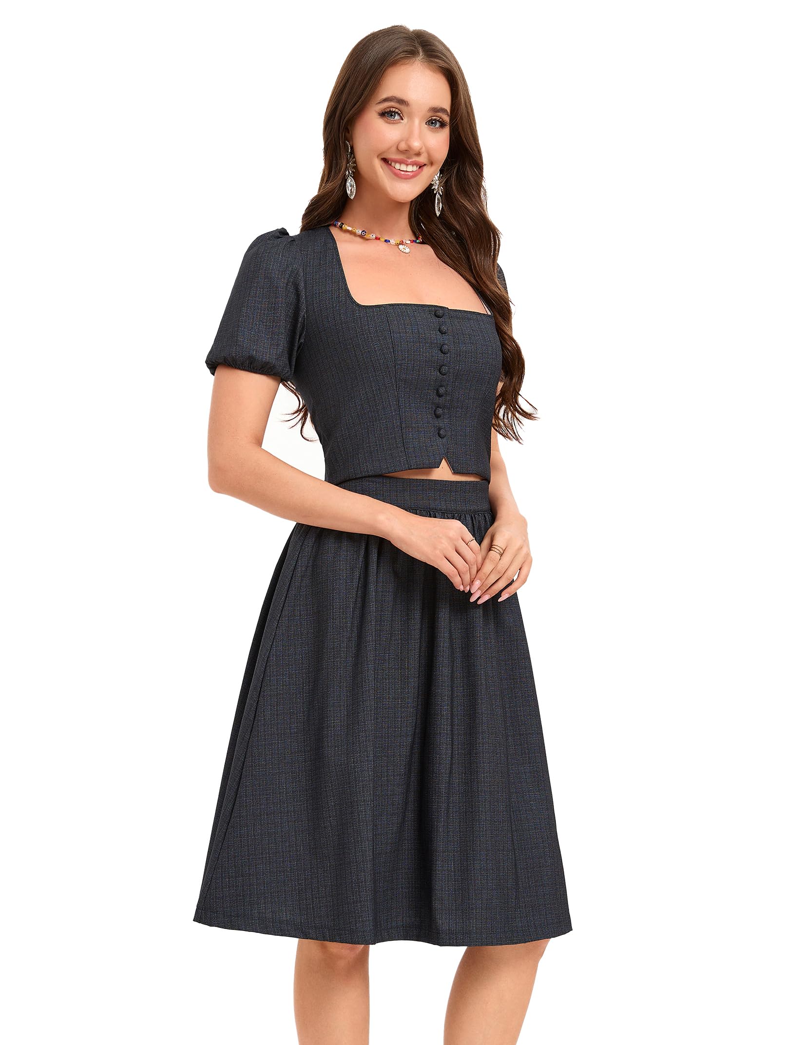 YesFashion Dirndl Damen Midi Trachtenkleid 3tlg. inkl.Dirndlbluse mit Puffärmeln, Rock und Dirndlschürze für Oktoberfest