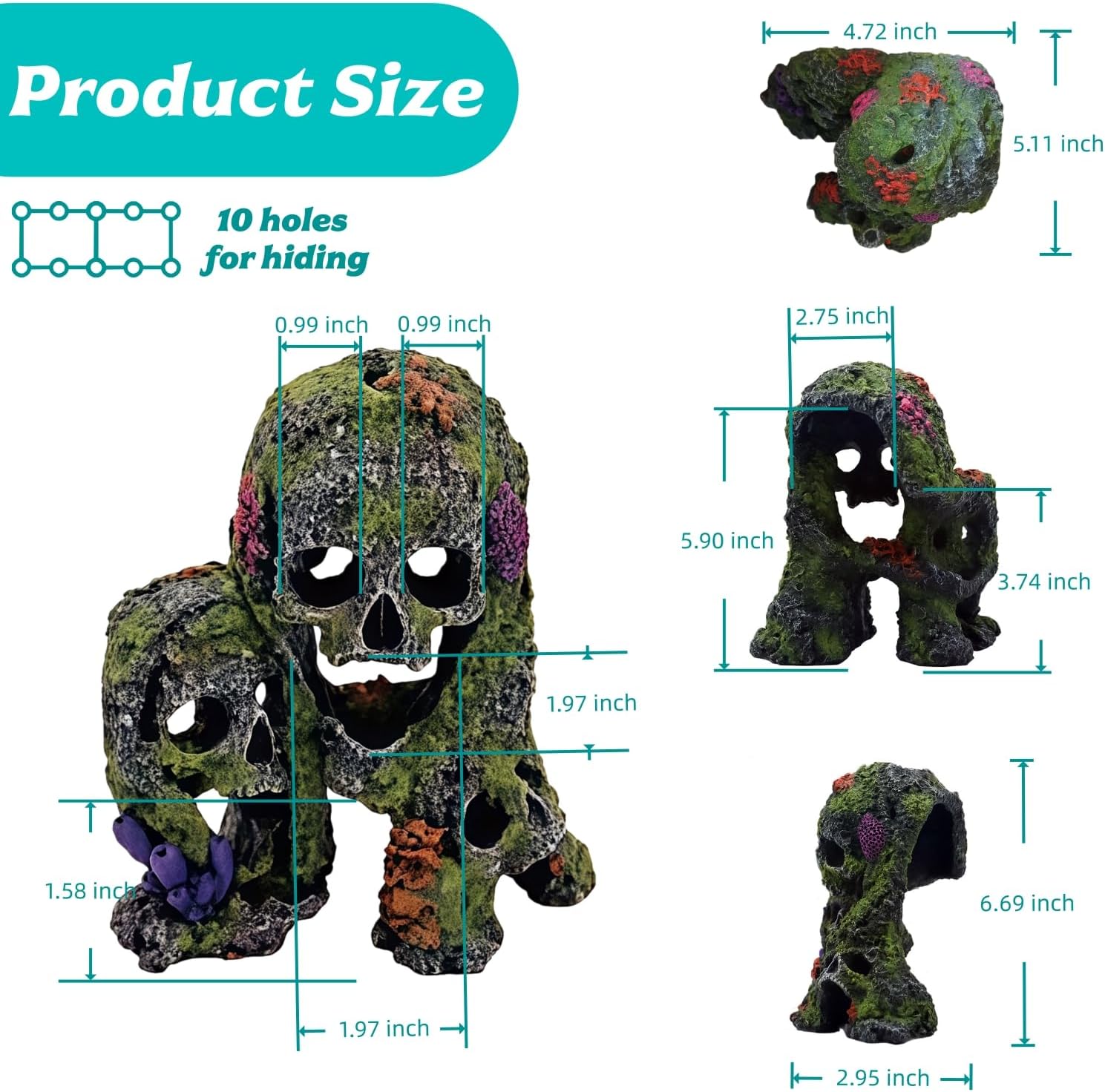 Betta Fish Tank Decorations Hideout - Triple Skull Hiding Cave for Aquarium, Resin Ornament with Artificial Moss Texture and Multiple Entrances for Shrimp, Small Fish - 7.3x4.9x6.1inch