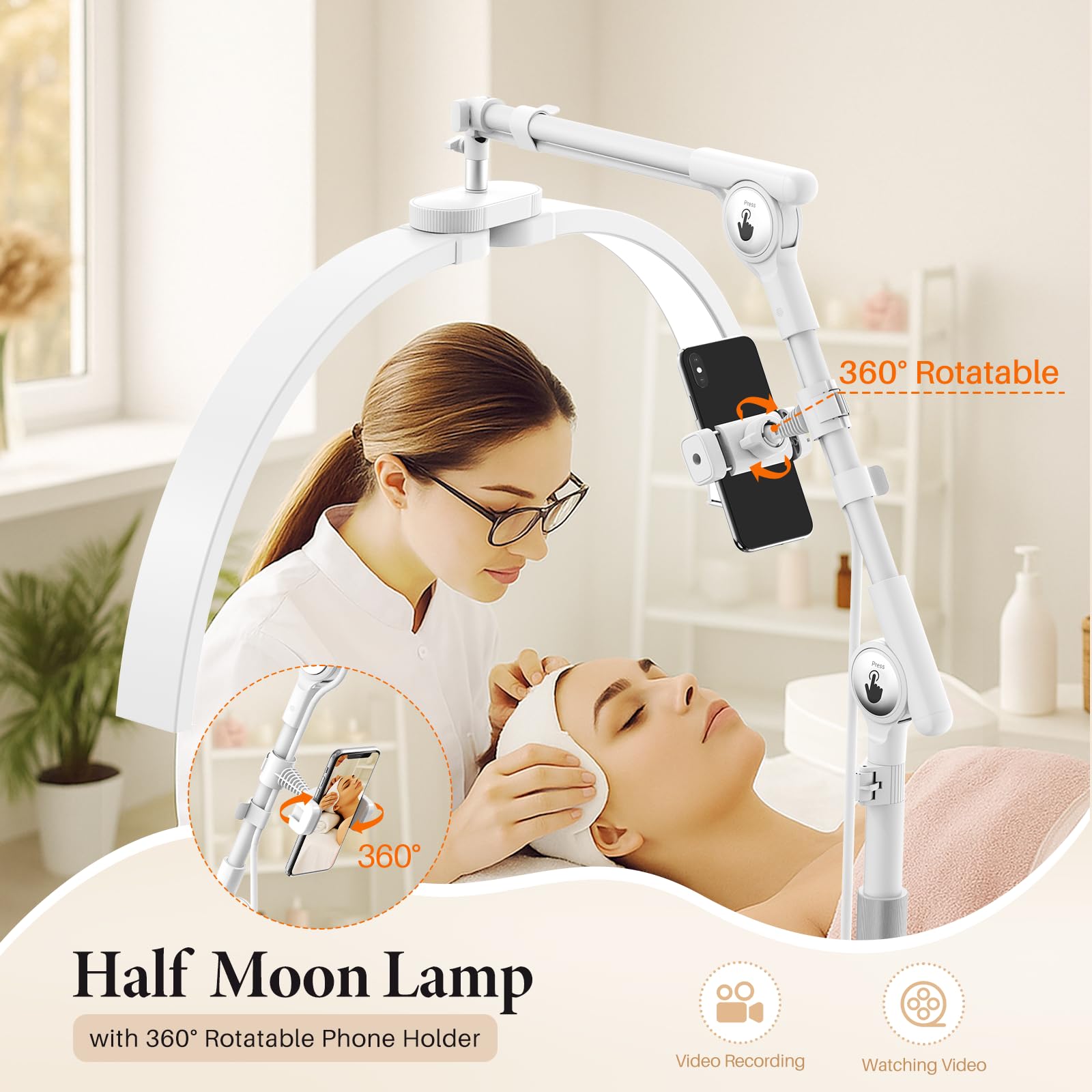 Lampara LED de pie para Pestañas: 28" Plegable Lampara Extensiones Pestañas LED - 3 Temperaturas de Color & Cabezal Giratorio 360° con Soporte para Cuidado Piel/Tatuaje, Blanco