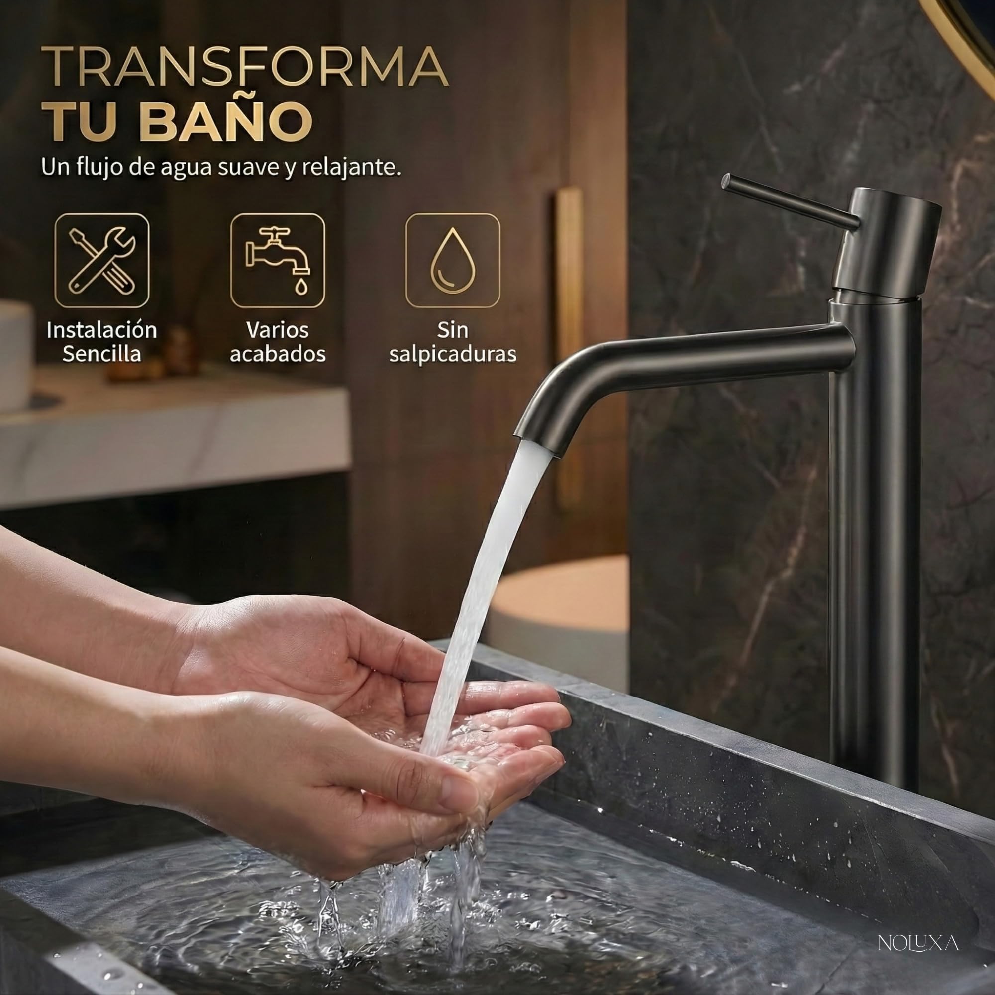 IMEX - Robinet Lavabo Noir Bec Haut | Robinet Salle de Bain Mitigeur Eau Froide et Chaude | Robinetterie Monocommande Effet Cascade avec Bec en Laiton et Économie D'Eau | Série Monza