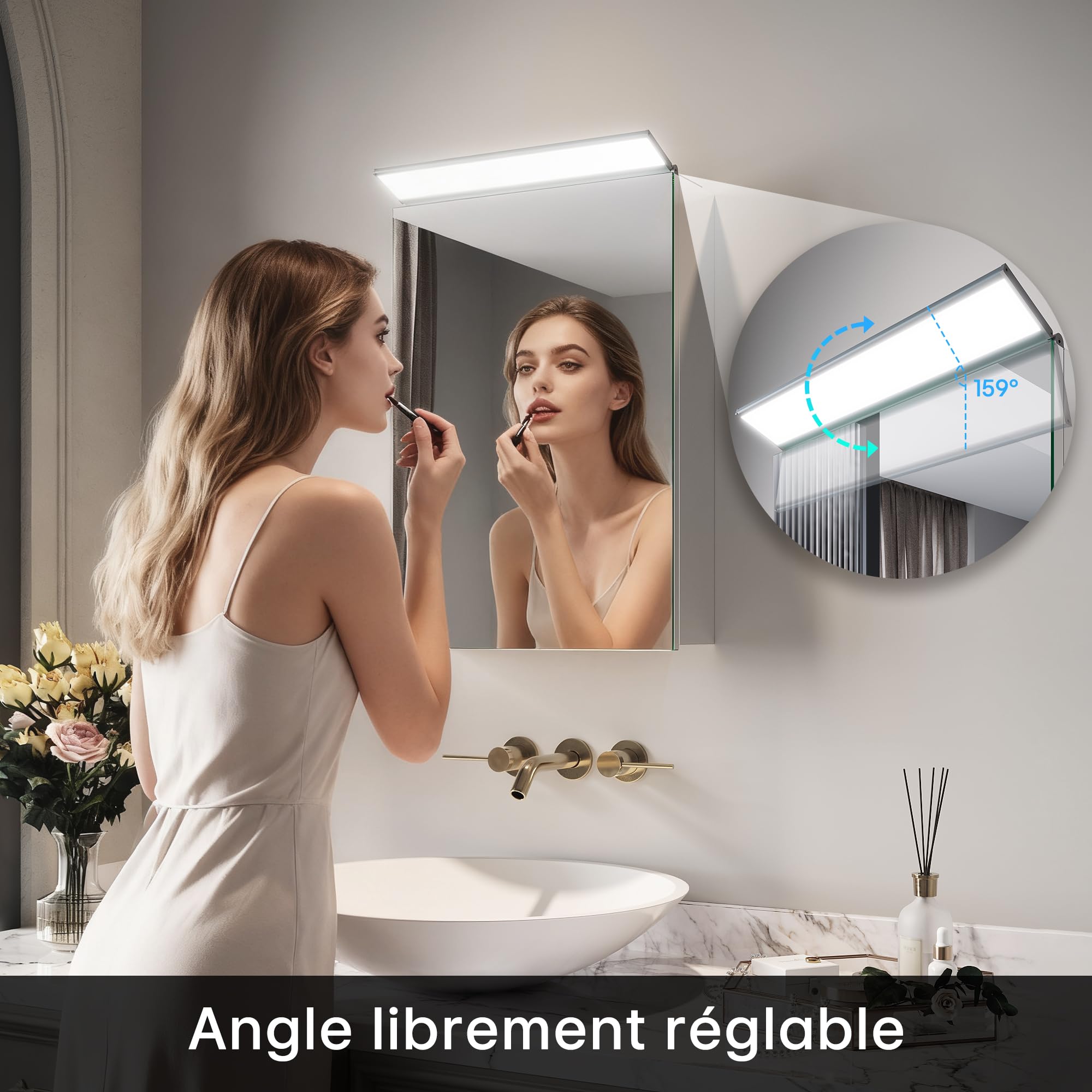 SIRHONA Armoire Murale Salle de Bain avec Éclairage LED, 36x52cm, Guide de lumière Acrylique, Armoire de Miroir de Salle de Bain en Acier Inoxydable, Armoire de Toilette, Blanc argenté